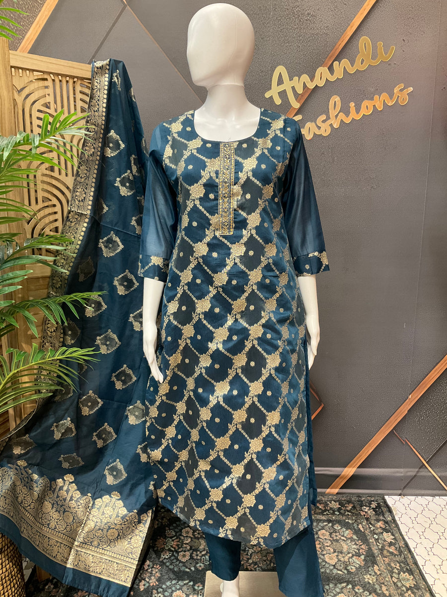 Benarasi Teal Blue Kurti set