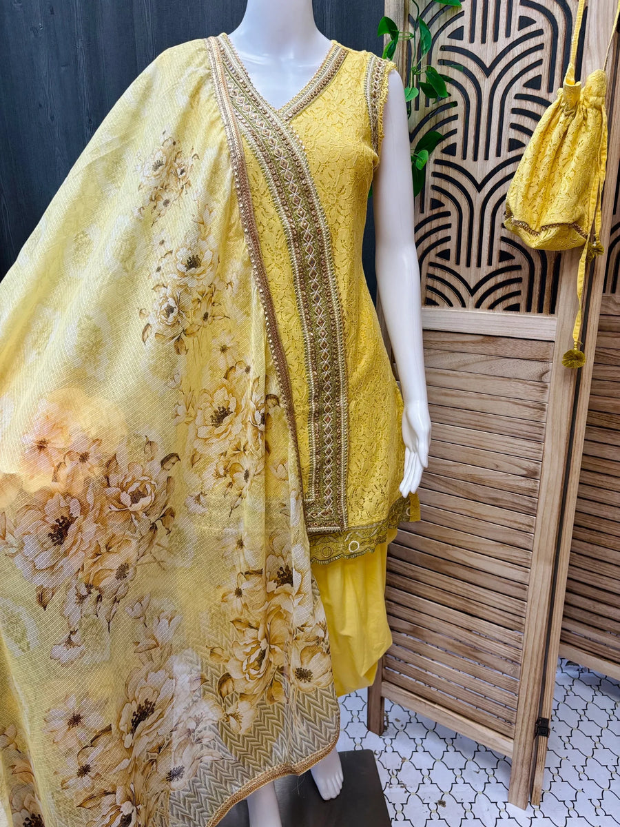 Yellow Color - Dhoti Style Kurti set with floral print dupatta