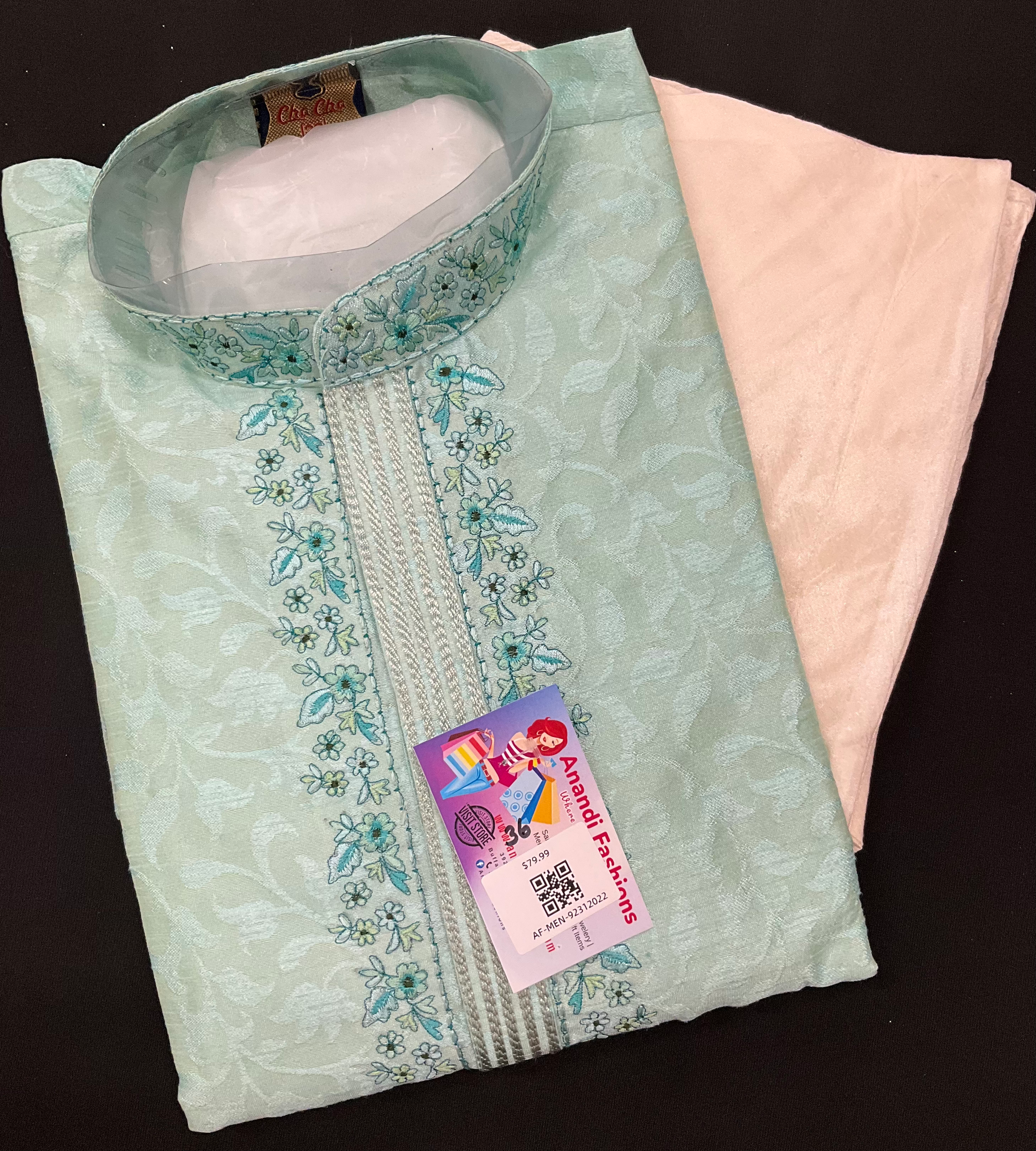 Mens kurta - Mint Green With Beautiful Embroidery image 1