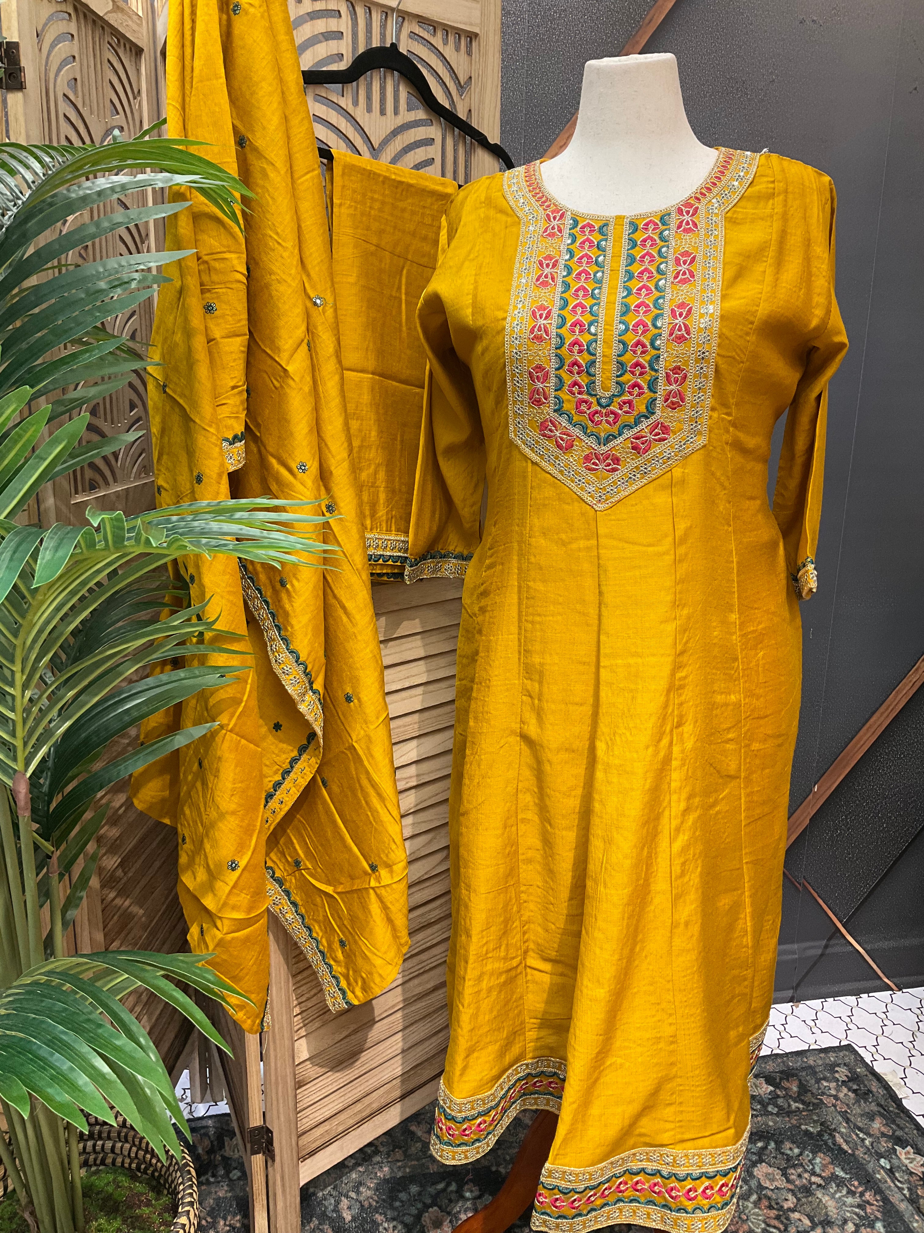 Plus size - Mustard Yellow Anarkali 3 Piece Kurti Set- Size 46