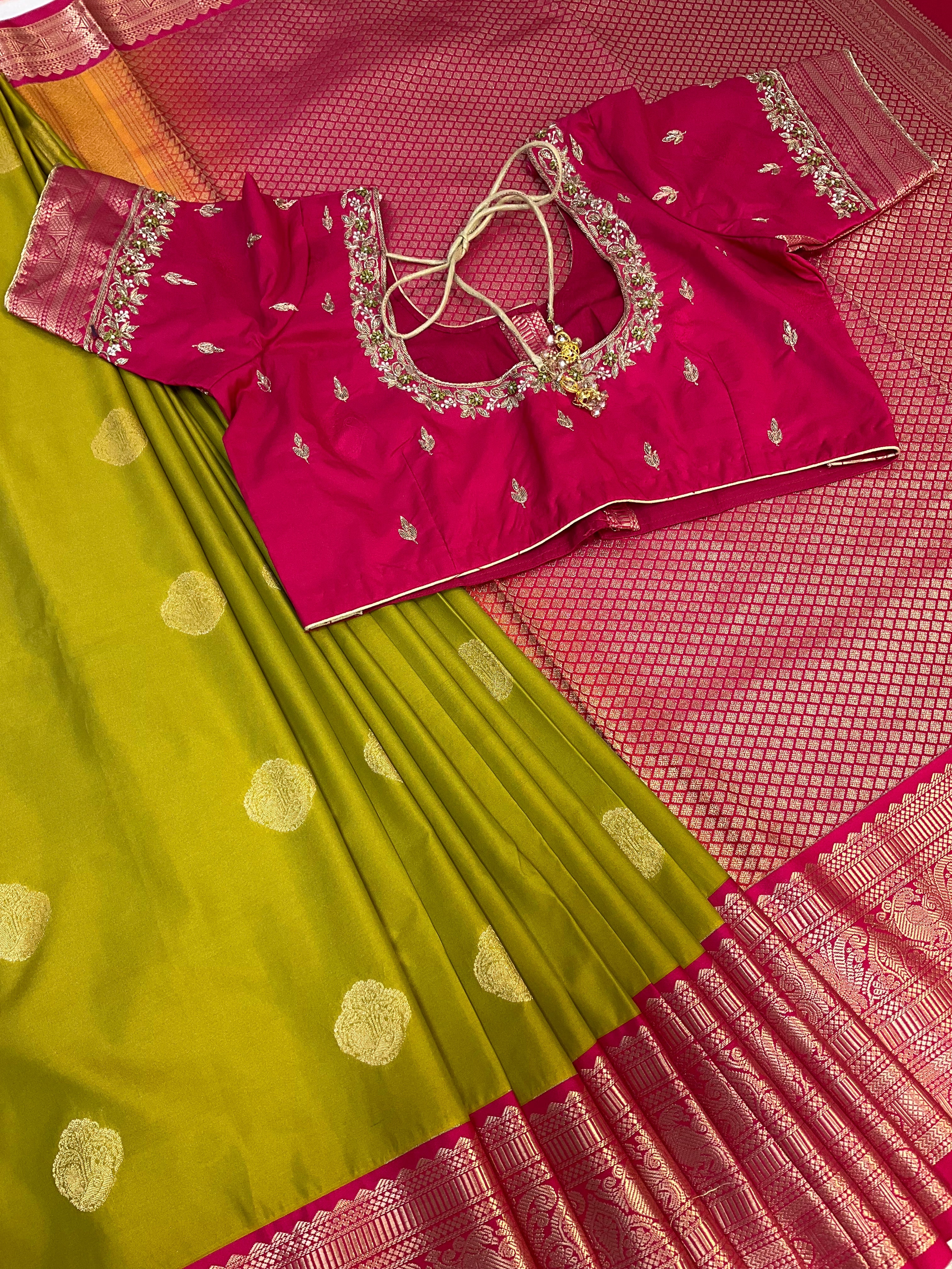 Mehandi green semi kanjeevaram Pattu/Silk saree with maggam work Stitched blouse- Fall Pico done