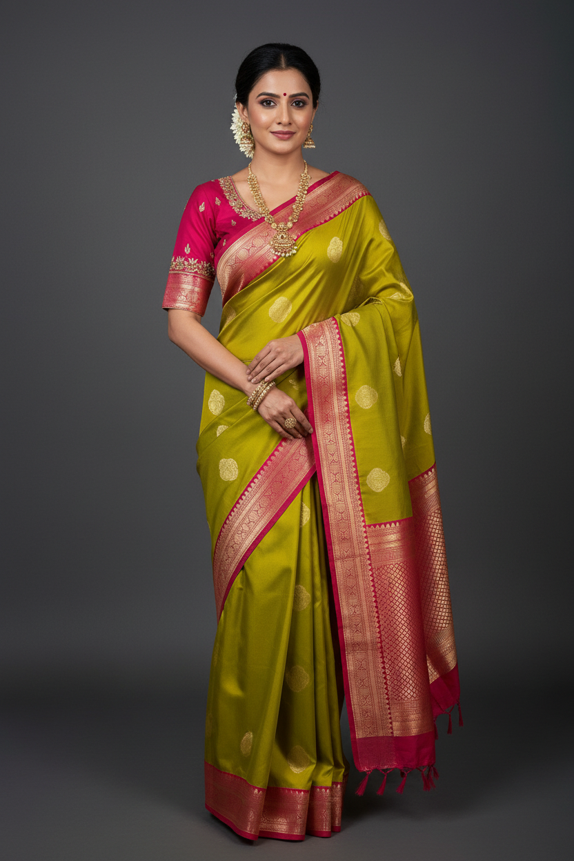 Mehandi green semi kanjeevaram Pattu/Silk saree with maggam work Stitched blouse- Fall Pico done