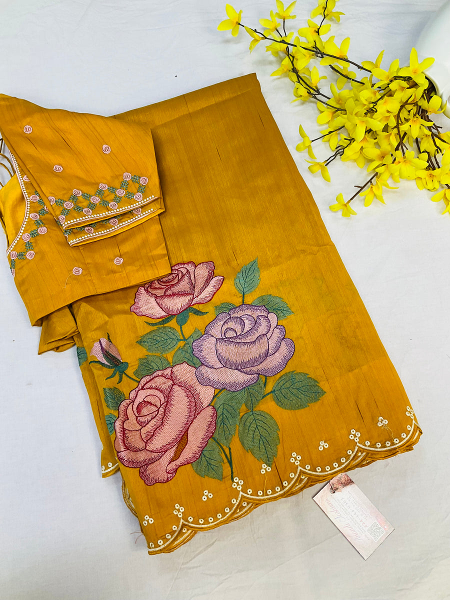 Yellow Tussar Silk saree with Stitched Blouse