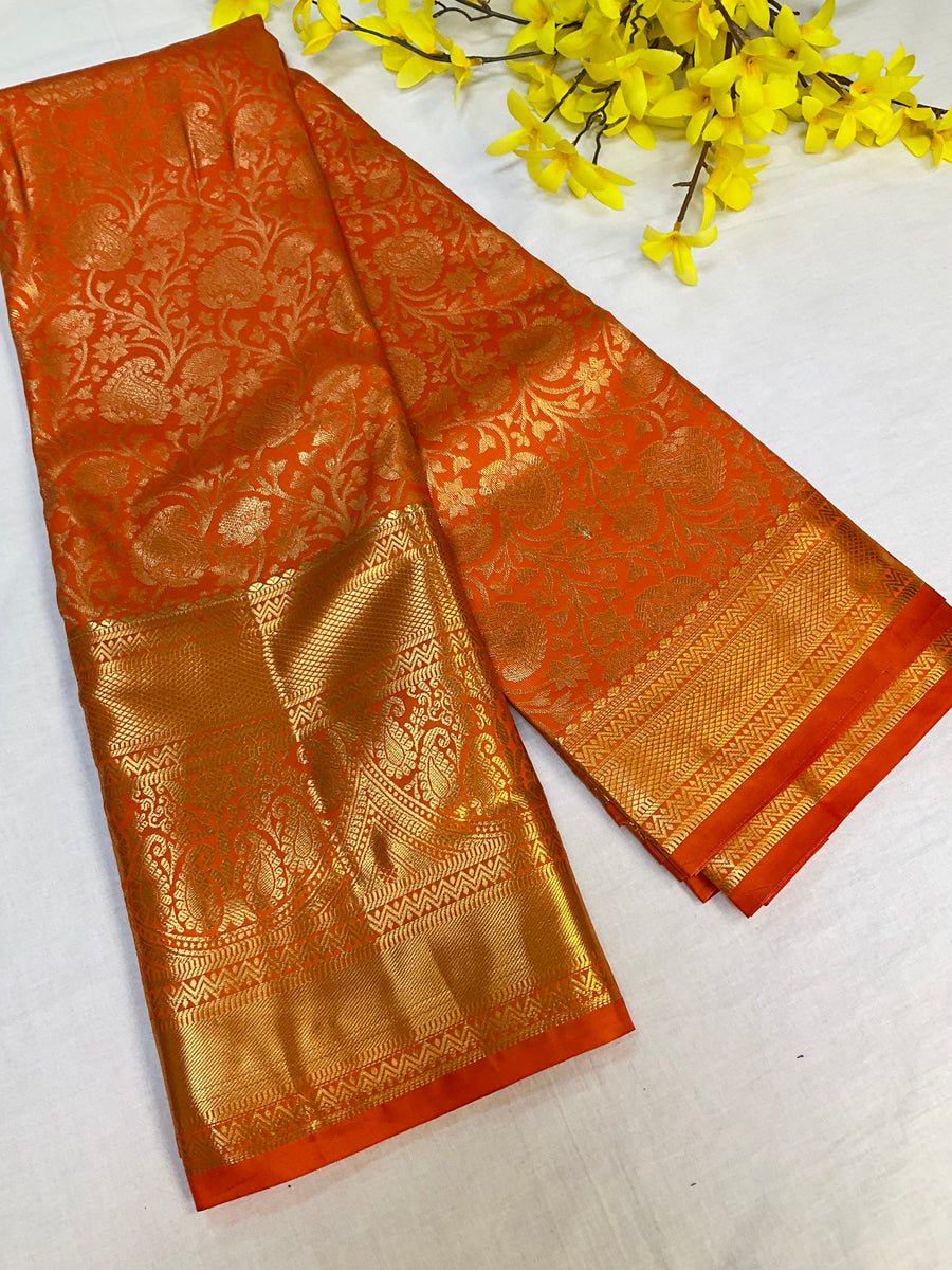 Orange Semi silk Kanjeevaram Saree