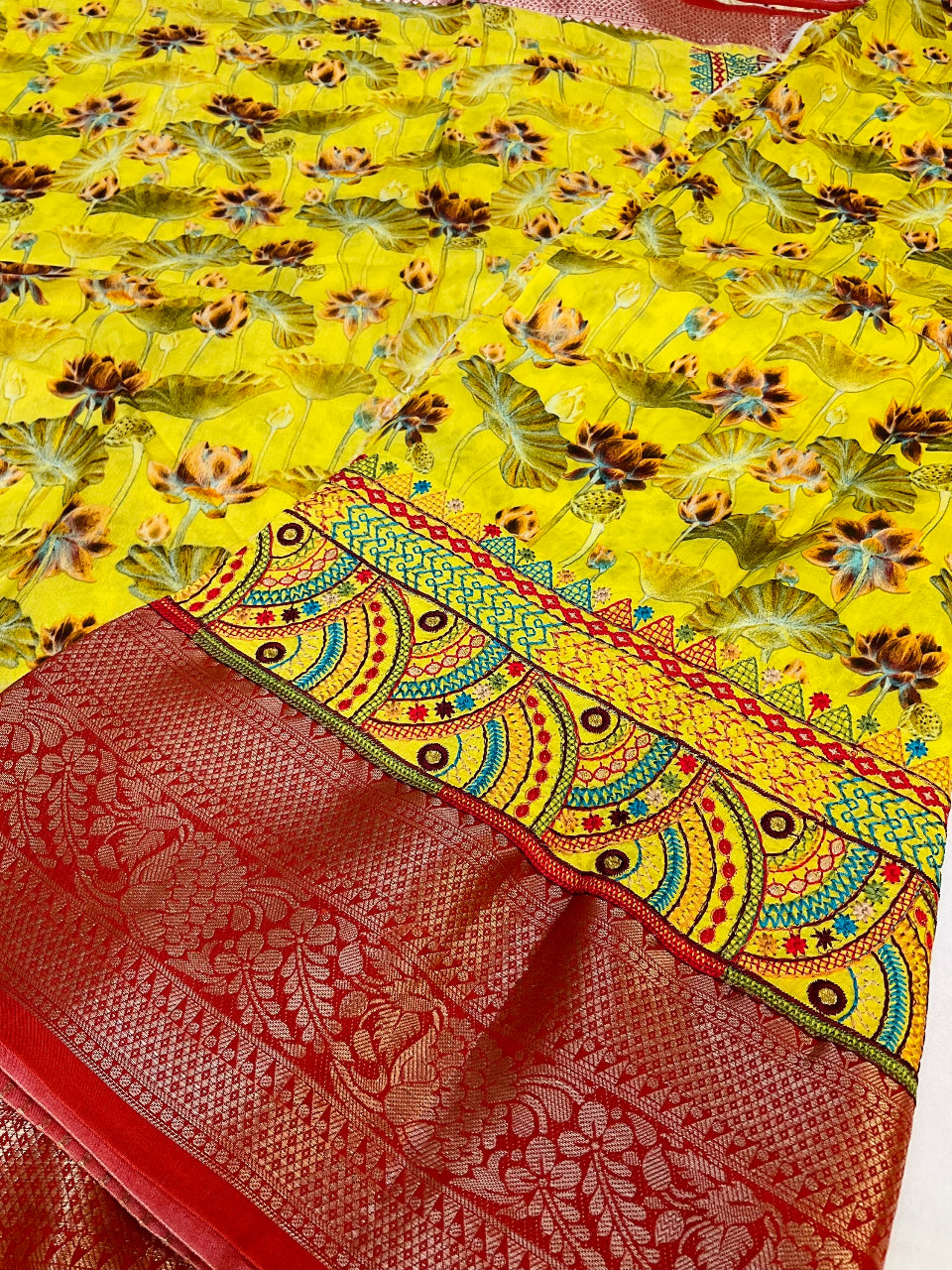 Yellow Dola silk saree with kantha work image 2