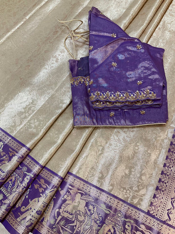 Half White Semi Kanjeevaram Saree with Stitched Maggam Blouse