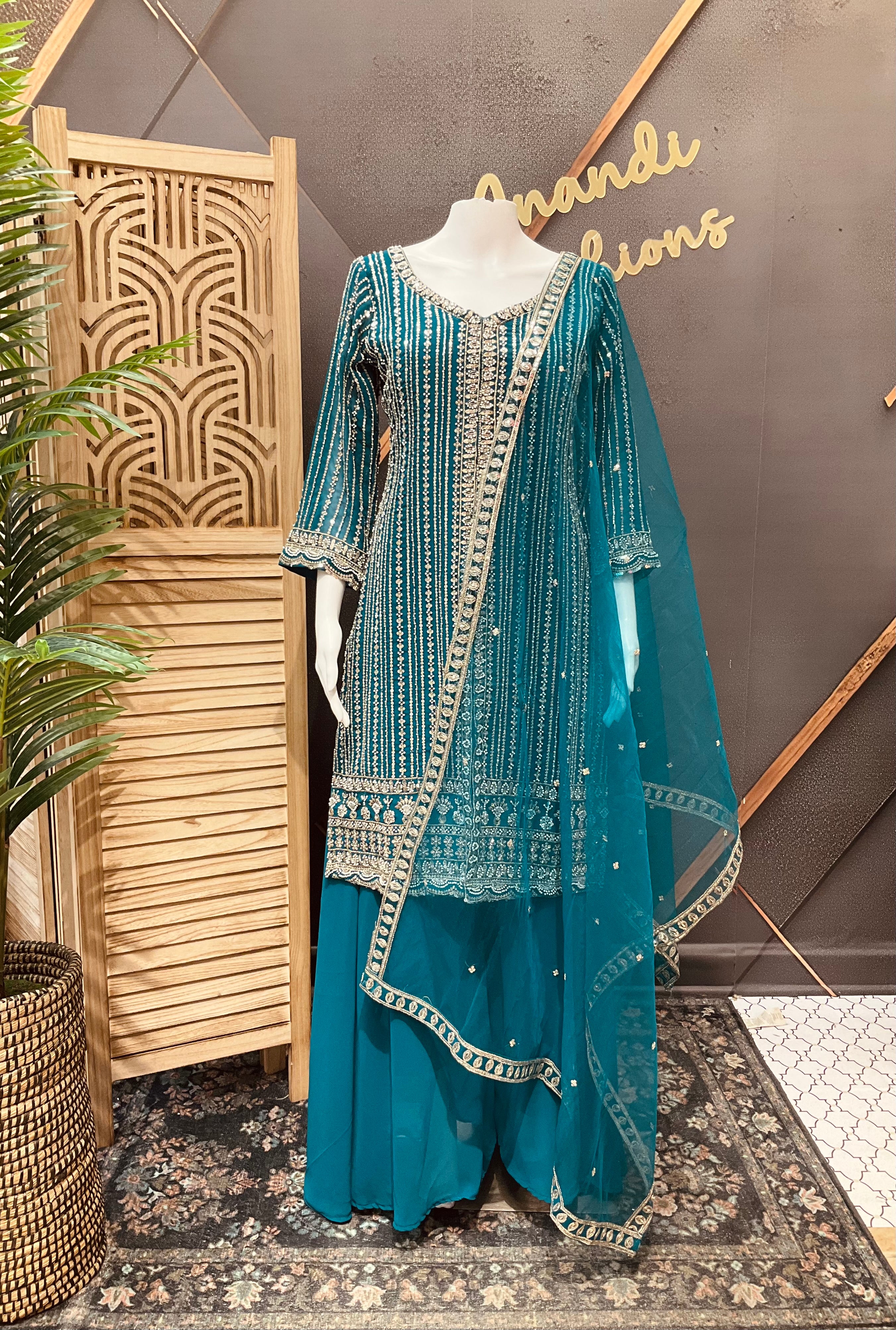 Size 38/Indian M - Party Wear Rama Blue Georgette Palazzo/Sharara set