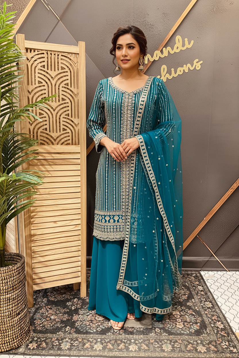 Size 38/Indian M - Party Wear Rama Blue Georgette Palazzo/Sharara set