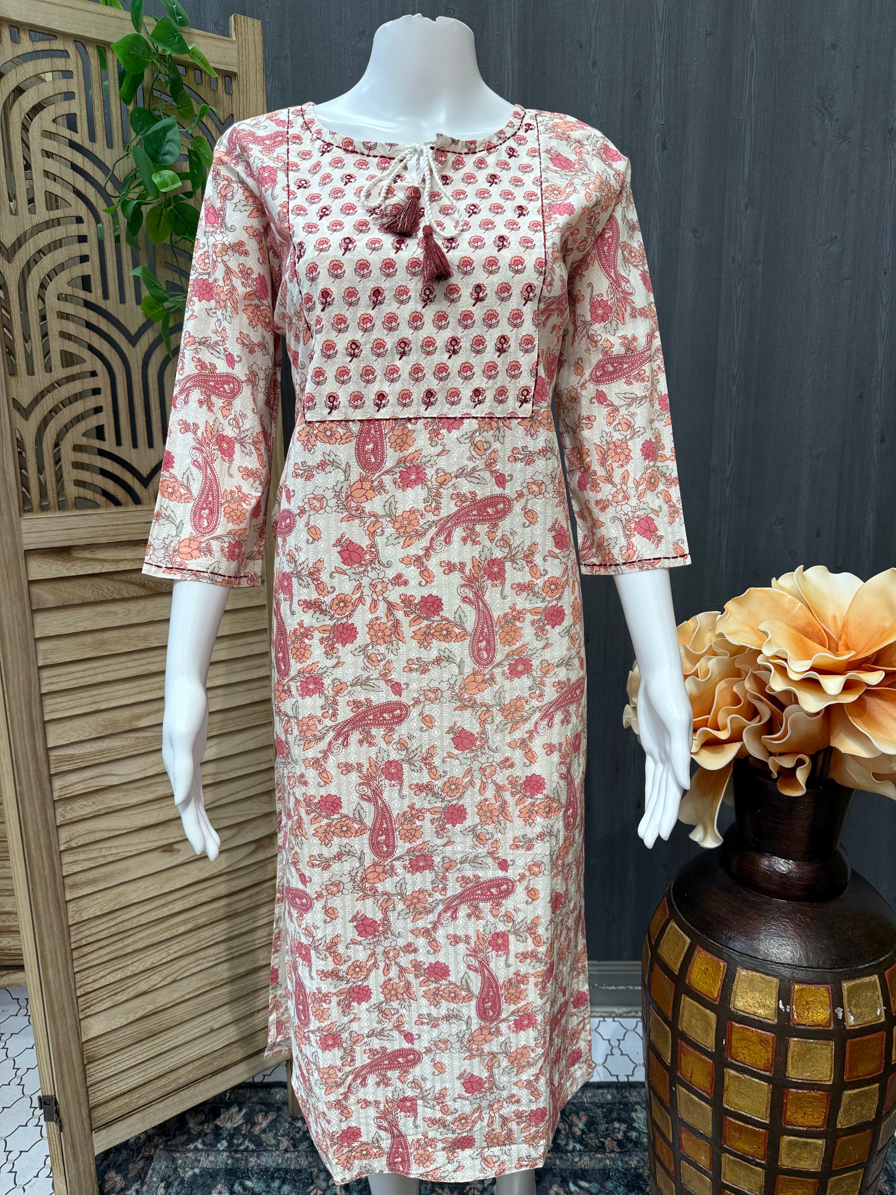 Pure Cotton - Floral Print Kurti with side pocket