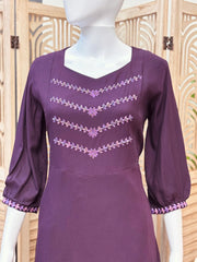 Size 38/US XS-Purple Color Cotton Gown/Kurti with embroidery