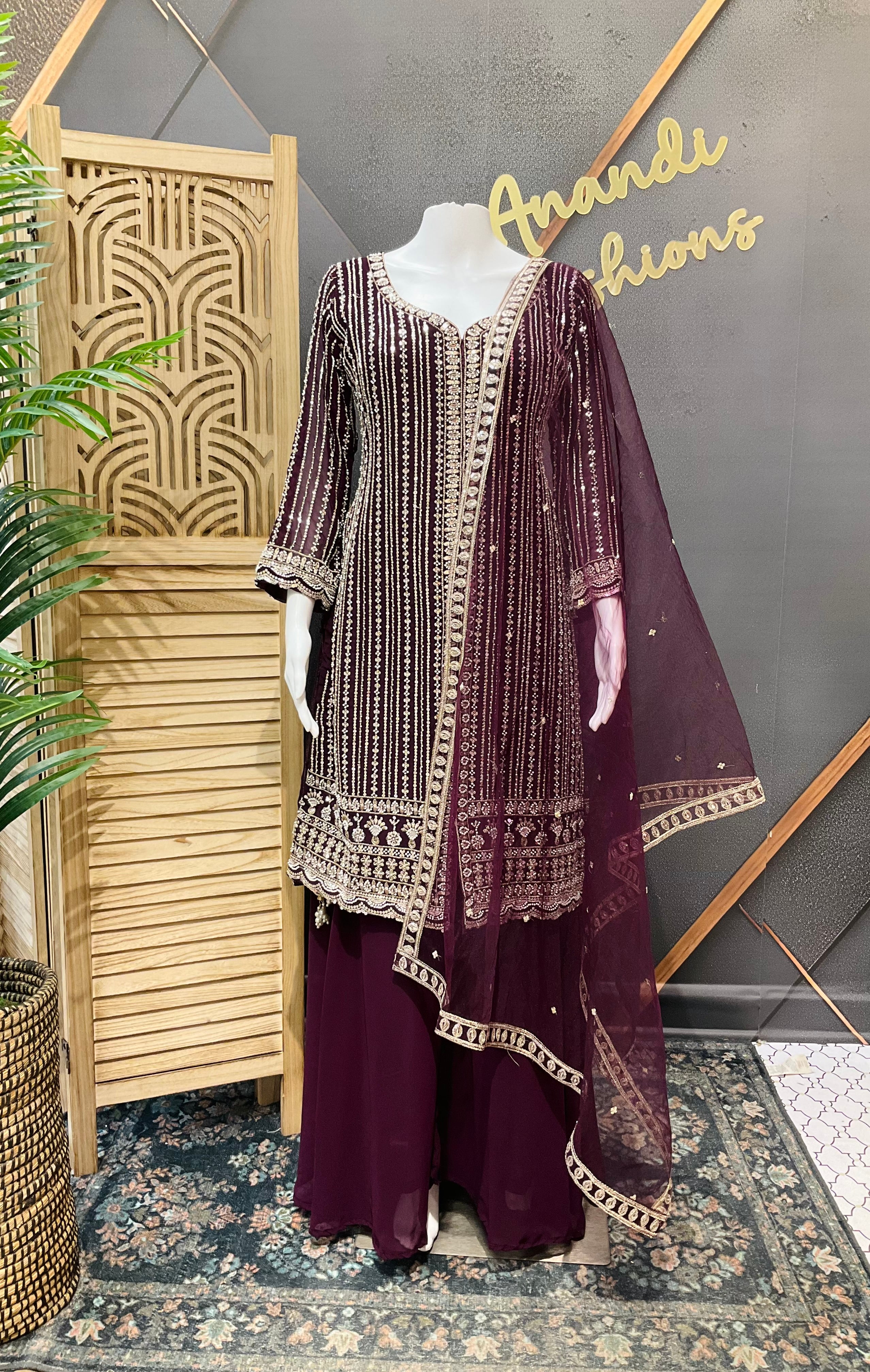 Size 38/Indian M - Party Wear Wine color -Georgette Palazzo/Sharara set