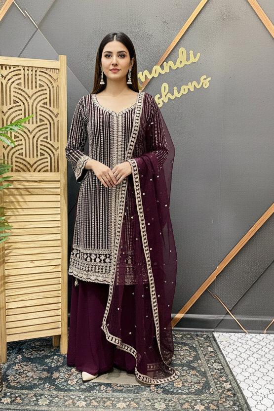 Size 38/Indian M - Party Wear Wine color -Georgette Palazzo/Sharara set