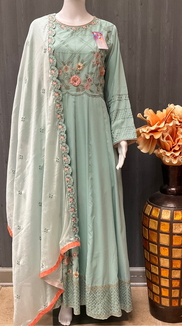 Indian Party Dresses - Light Blue Party wear long dress with dupatta - size 42 image 0
