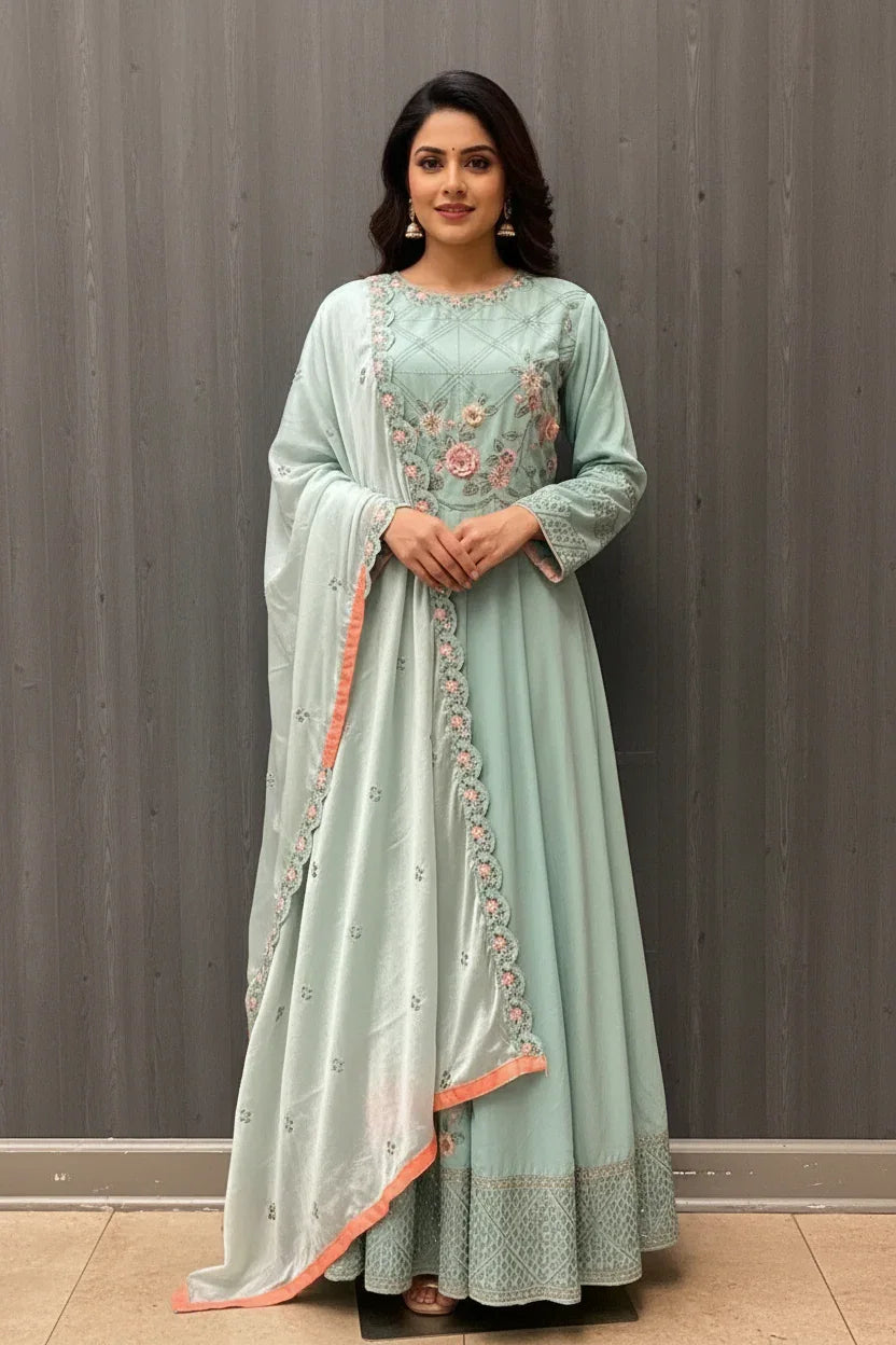Woman wearing mint green embroidered Indian ethnic Anarkali dress with floral details and matching dupatta