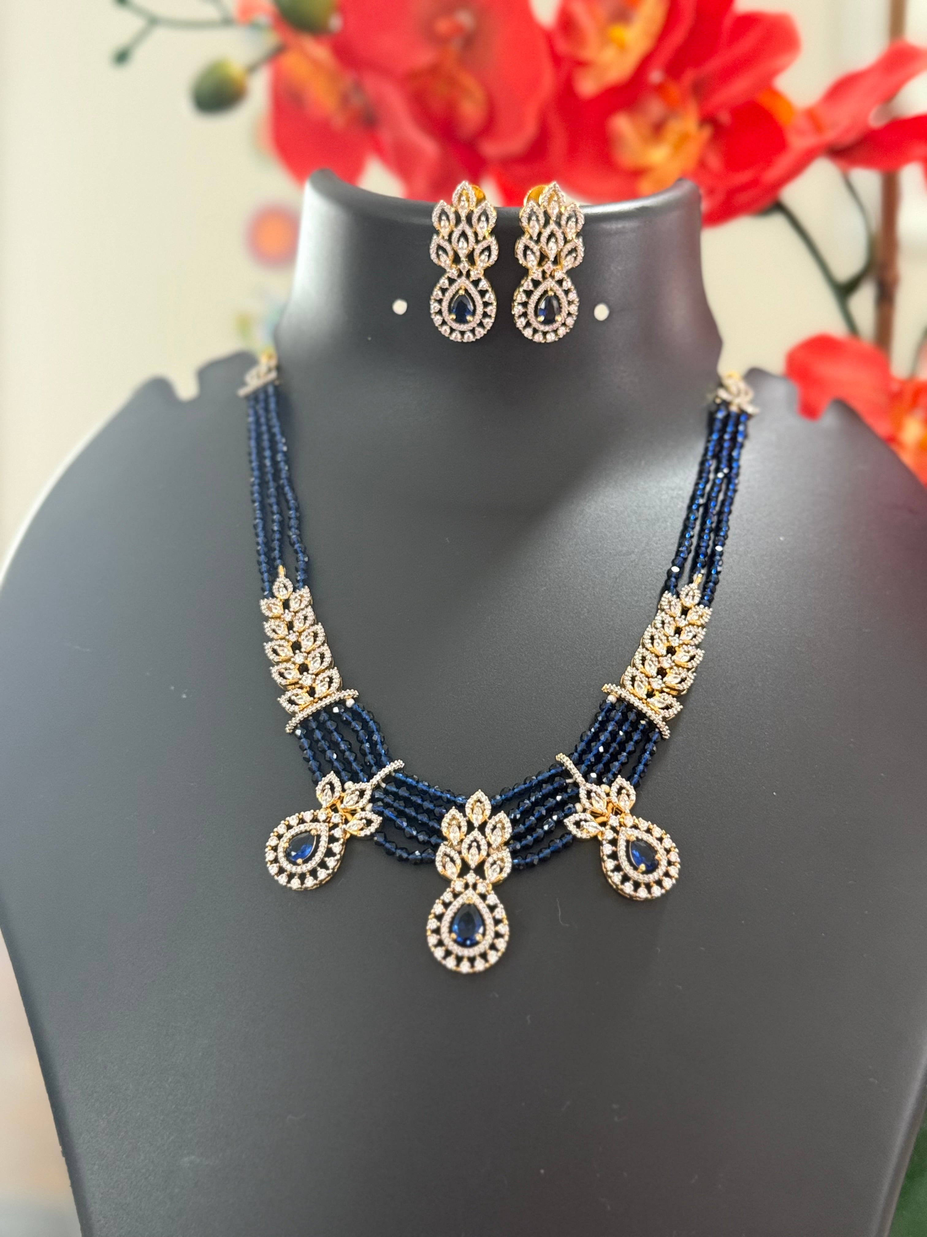 Navy Blue - Onyx Beads Necklace set with CZ Stones