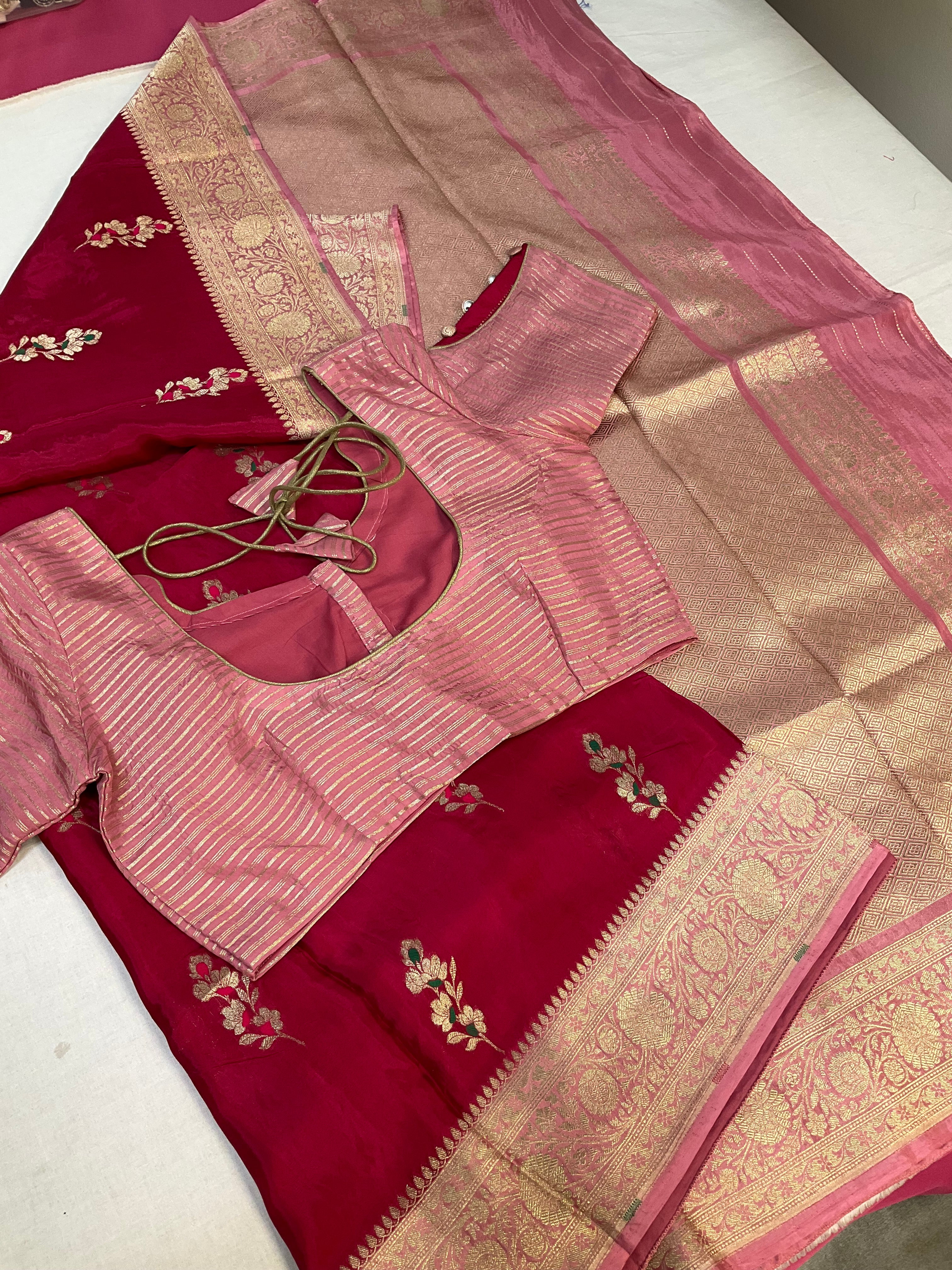 Pink Benarasi Silk saree with stitched Blouse