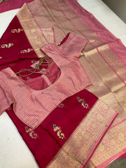 Pink Benarasi Silk saree with stitched Blouse