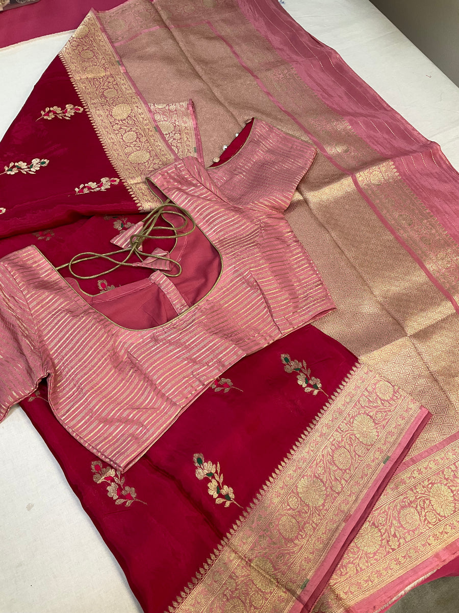 Pink Benarasi Silk saree with stitched Blouse