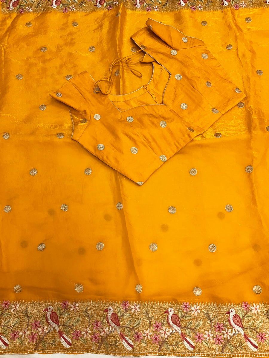 Mango yellow Crushed Tissue embroidery saree with Stitched blouse