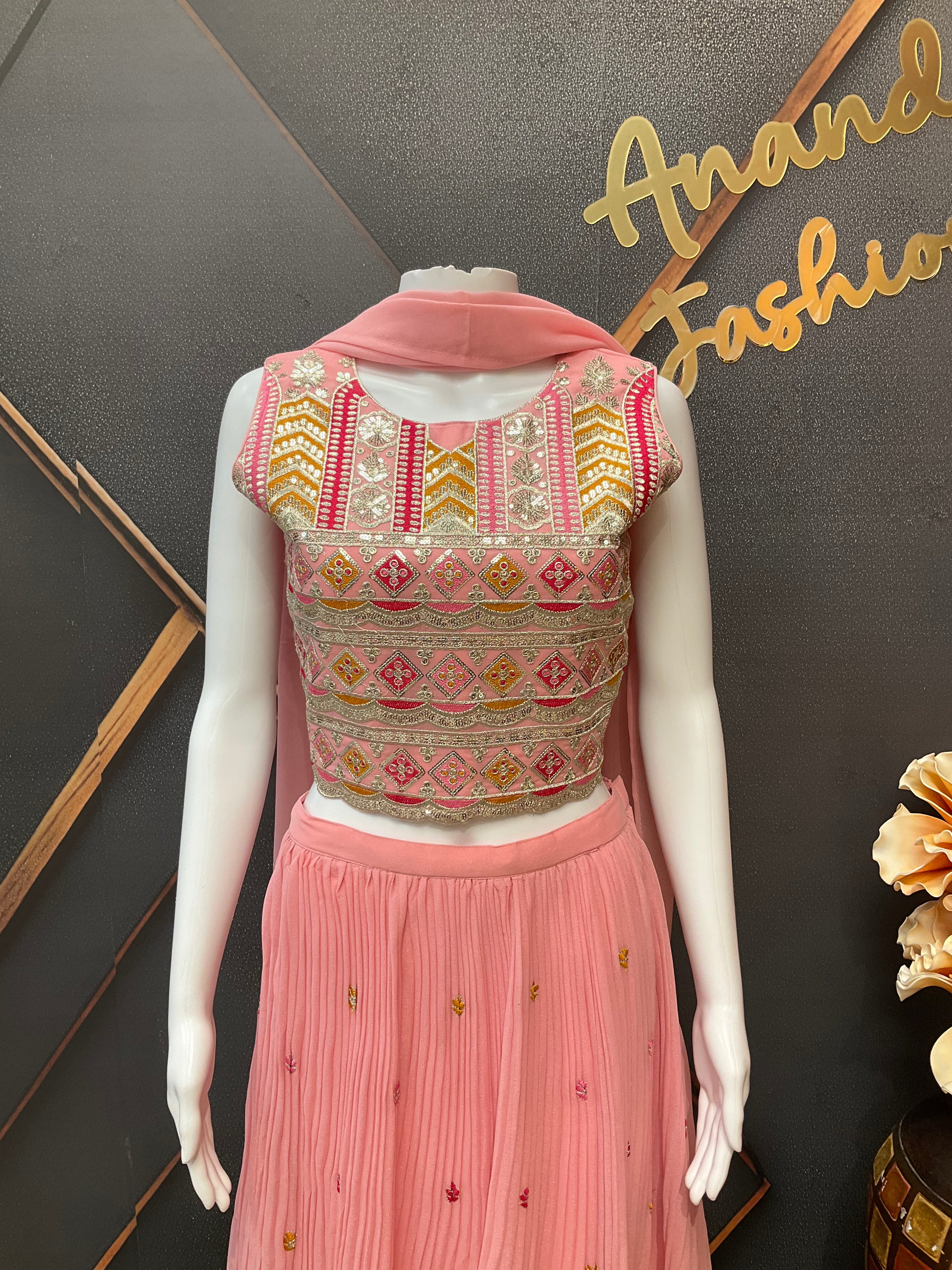 Teenage Girls Pink Georgette Lehenga Set