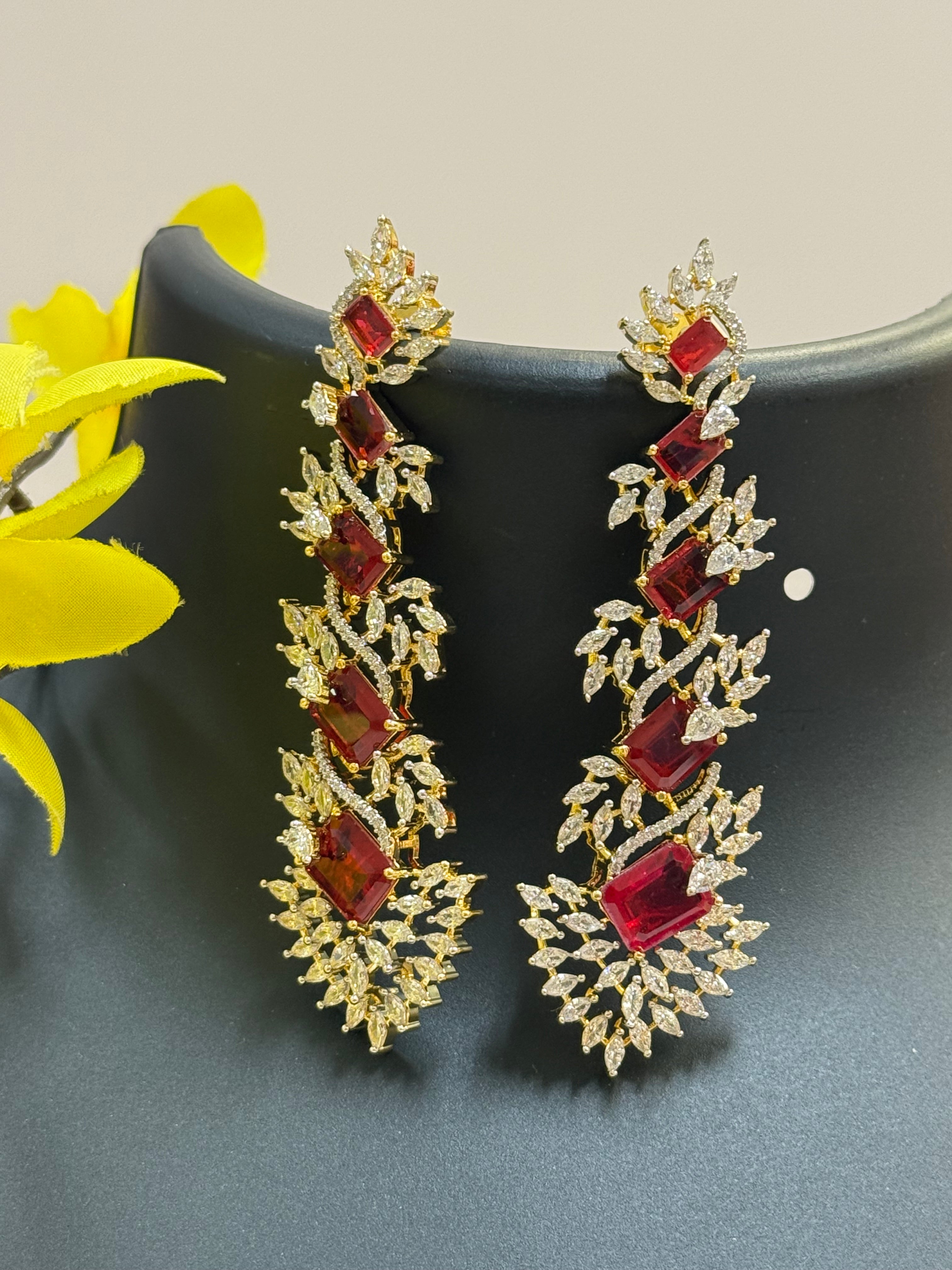 CZ Long Earrings- Red Stones