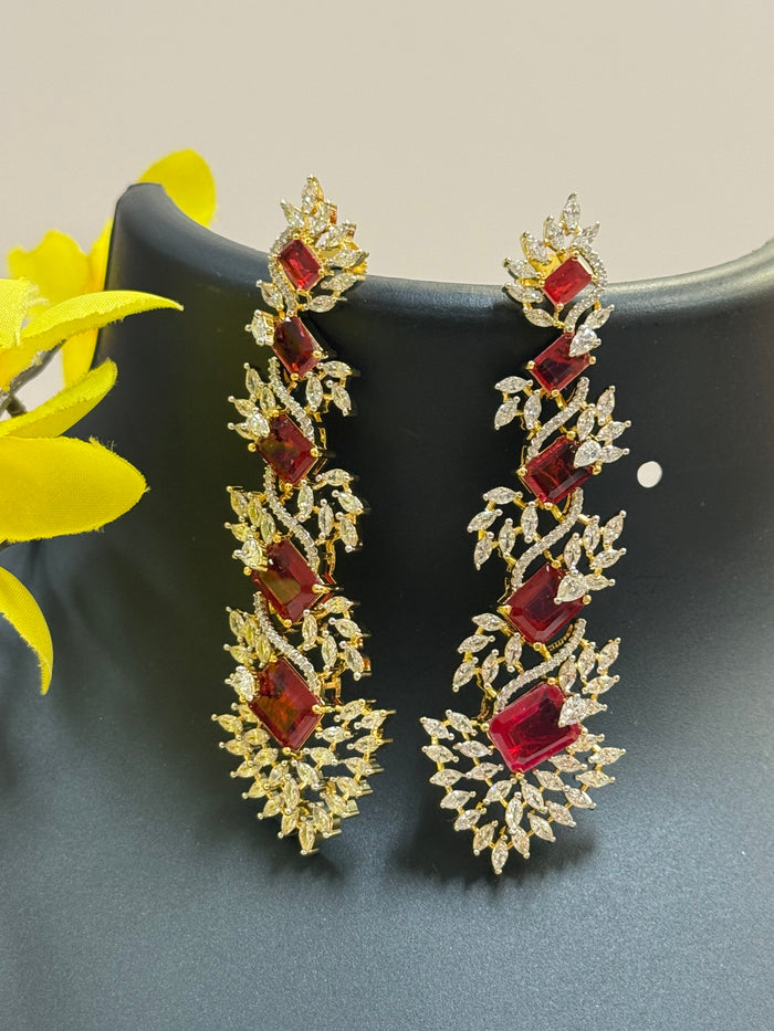CZ Long Earrings- Red Stones