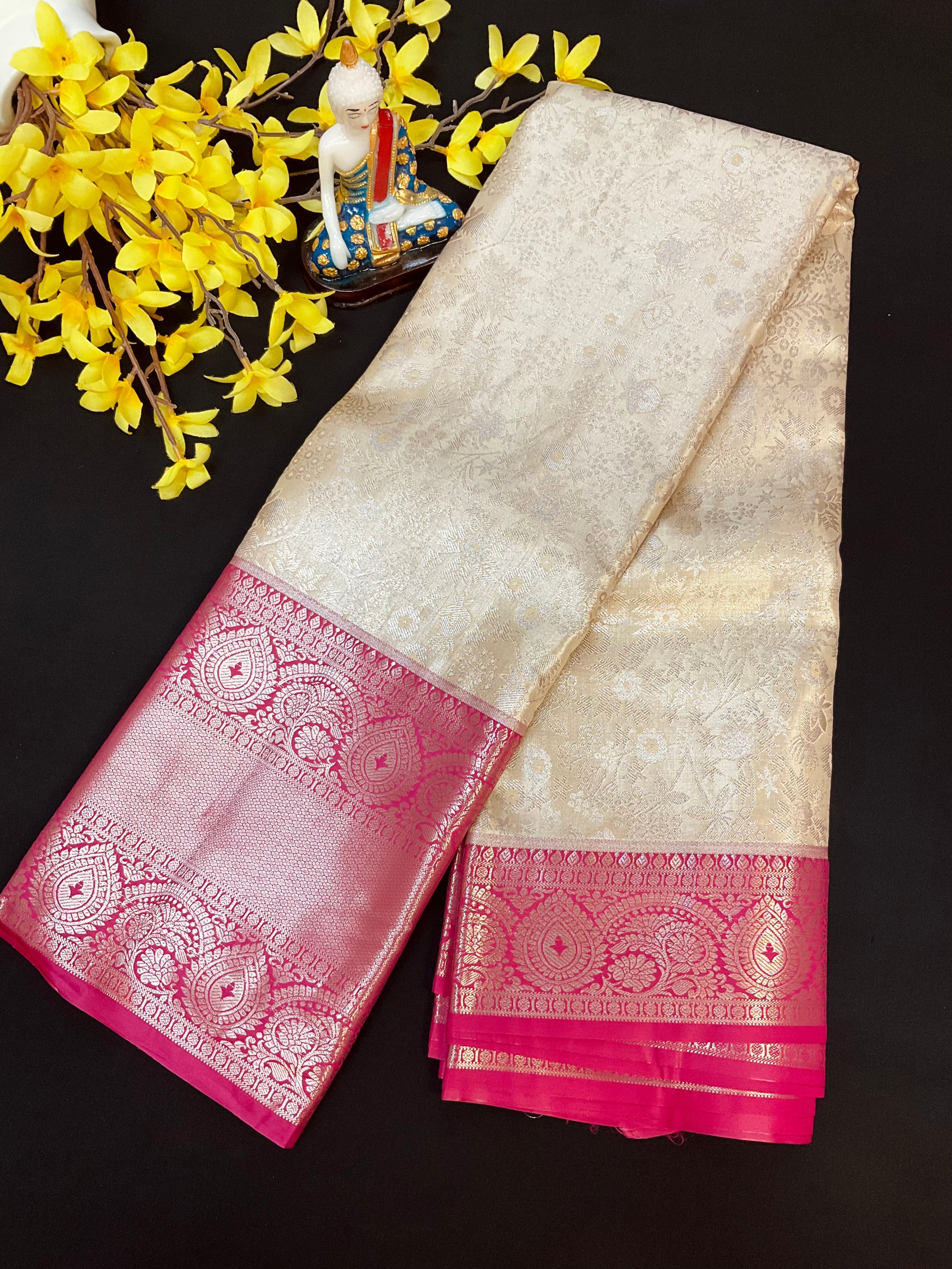 Semi Silk Beige/ Gold & Pink Border Kanjeevaram Saree