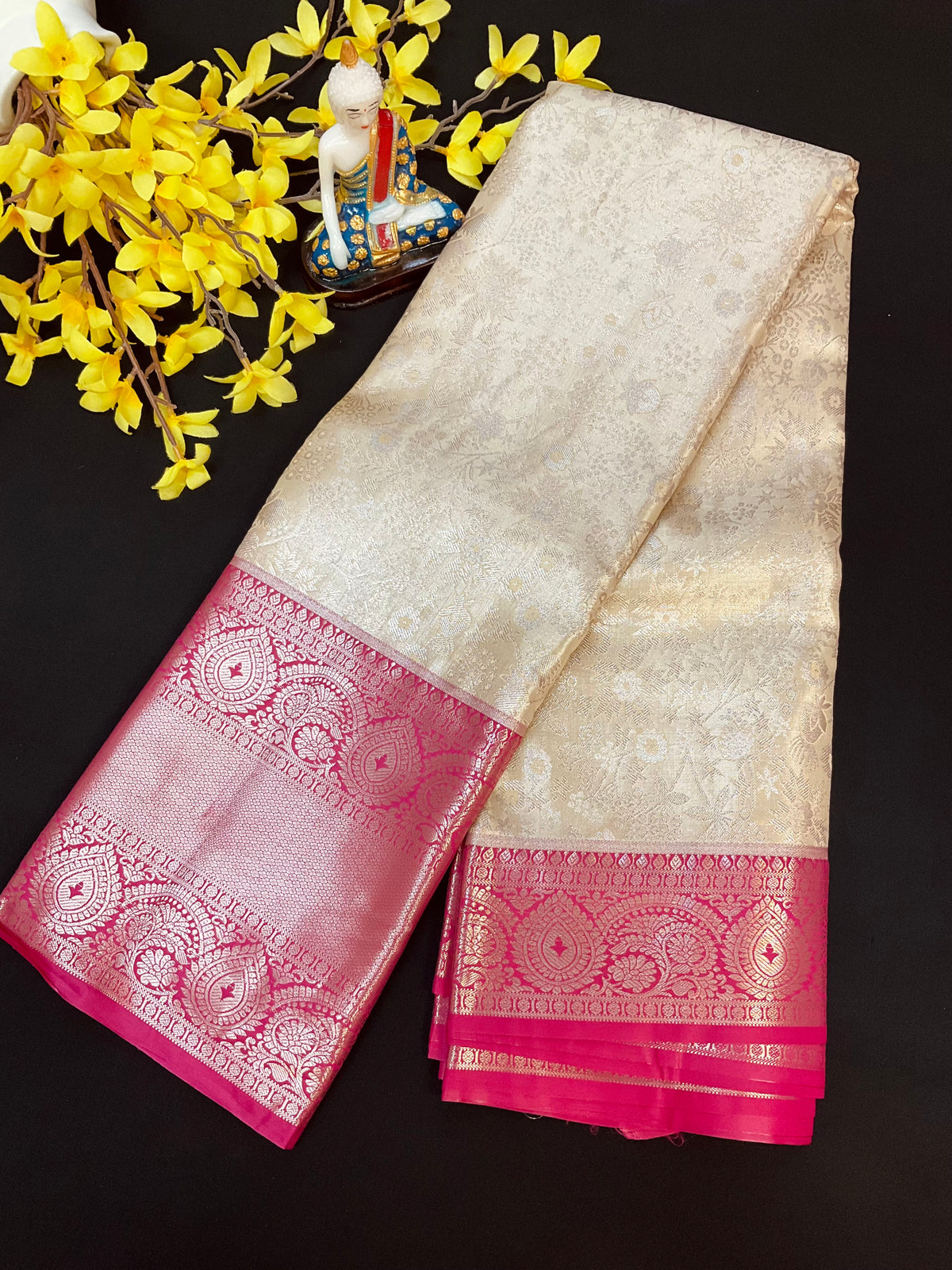 Semi Silk Beige/ Gold & pink Border Saree