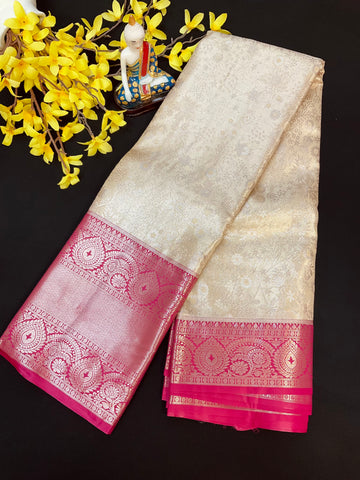 Semi Silk Beige/ Gold & pink Border Saree