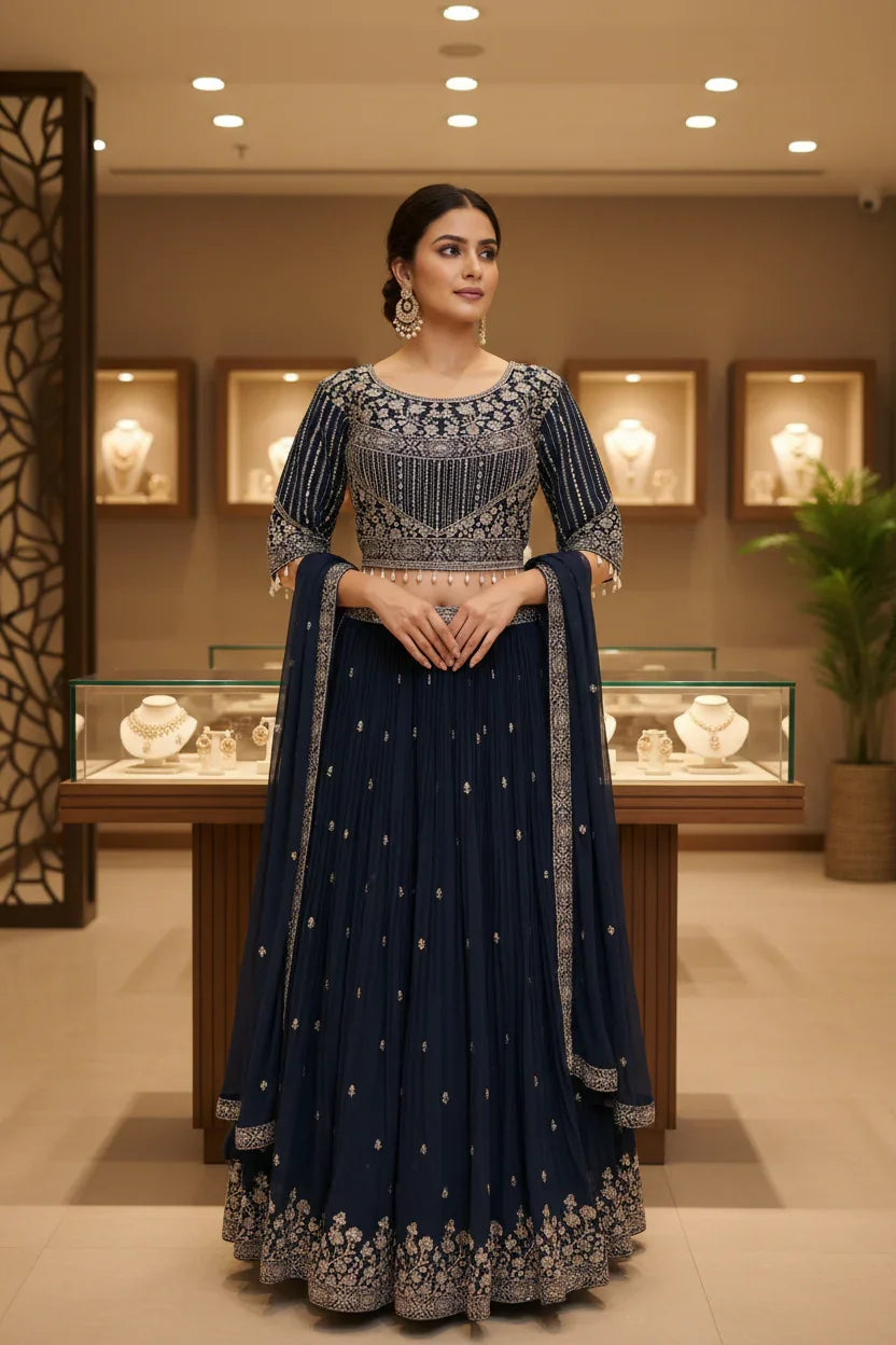 Party Wear Lehenga Set with Silver Thread Work - Georgette Wedding Wear