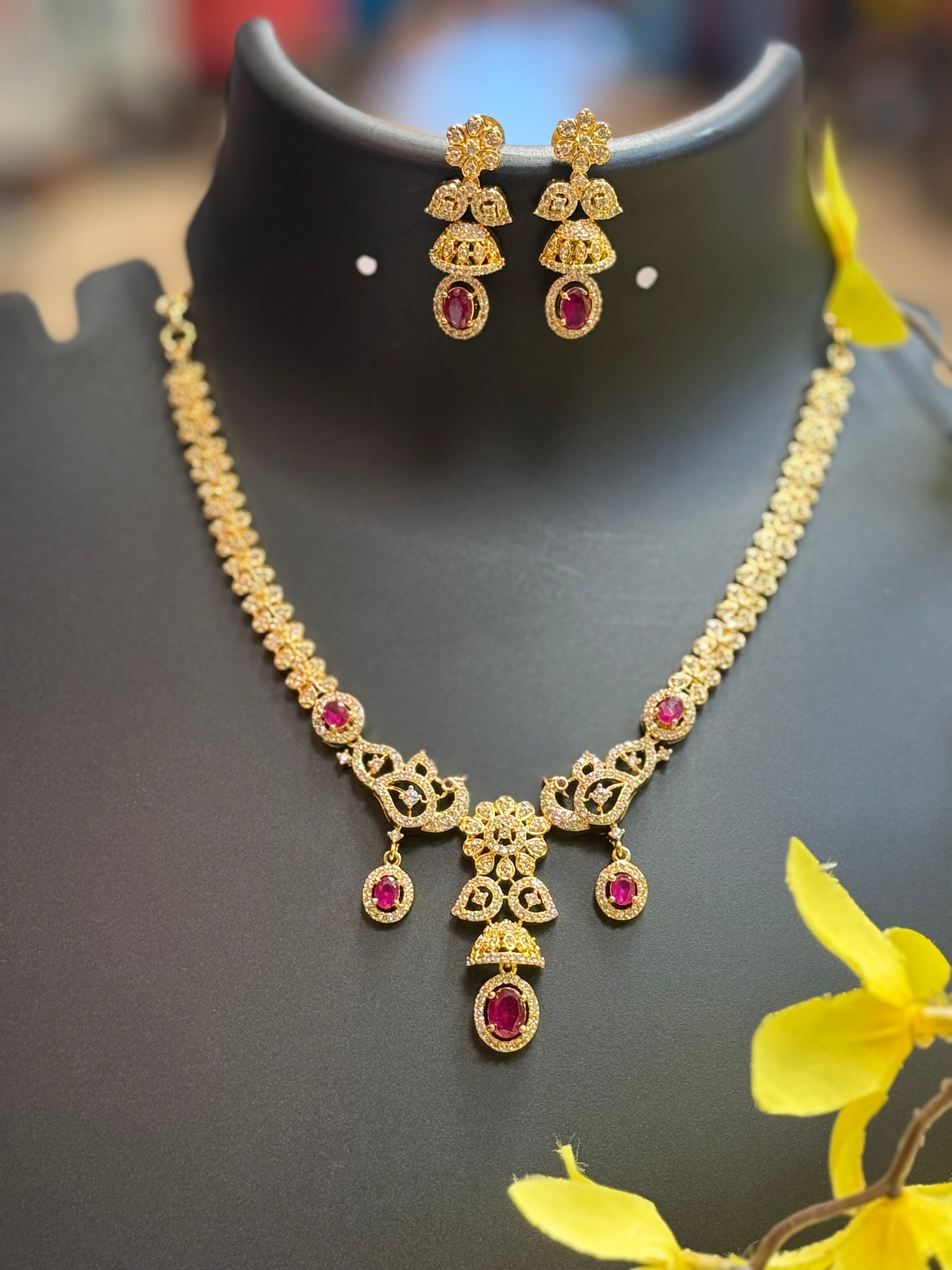 Gold Finish CZ Necklace set with Ruby