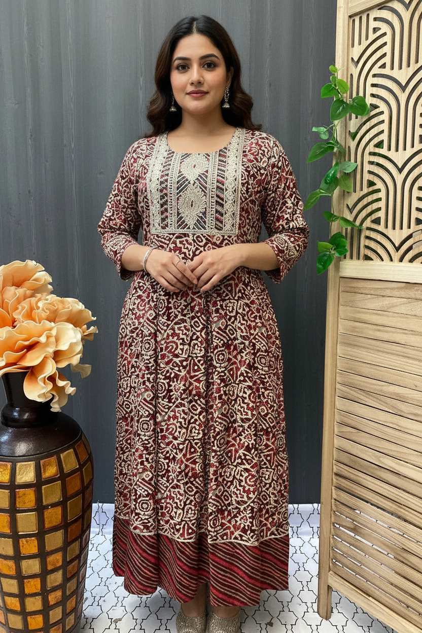 Plus Size Ajrakh Print Anarkali Long Kurti