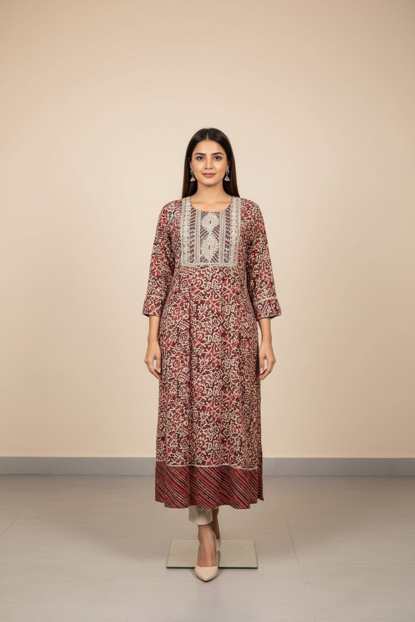 Plus Size Ajrakh Print Anarkali Long Kurti