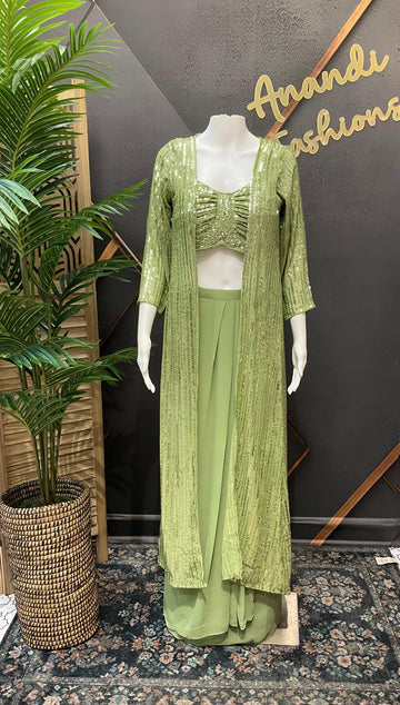 Indo Western Georgette Skirt Set with Embroidered Jacket - Thin Strap Blouse