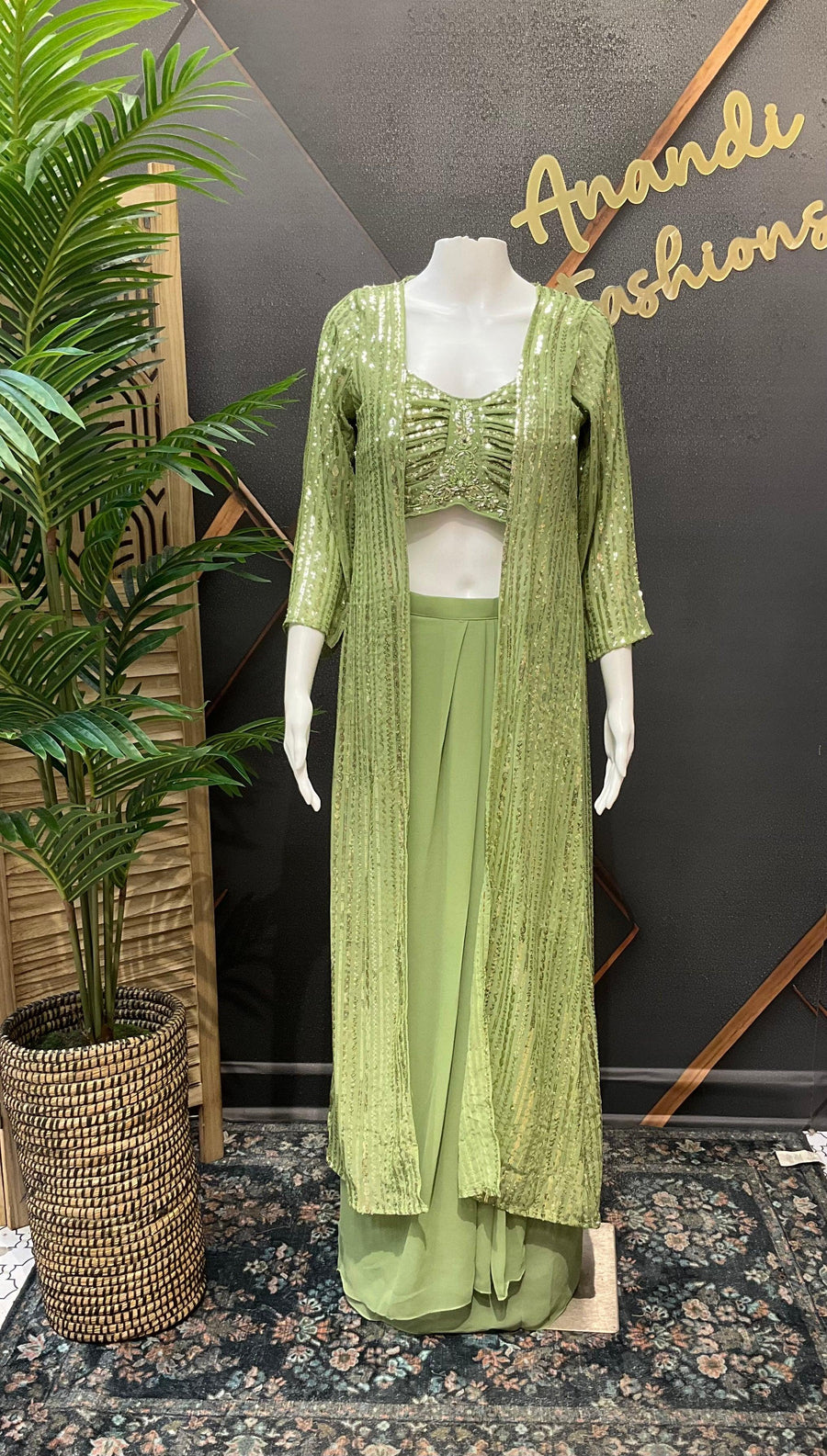 Indo Western Georgette Skirt Set with Embroidered Jacket - Thin Strap Blouse