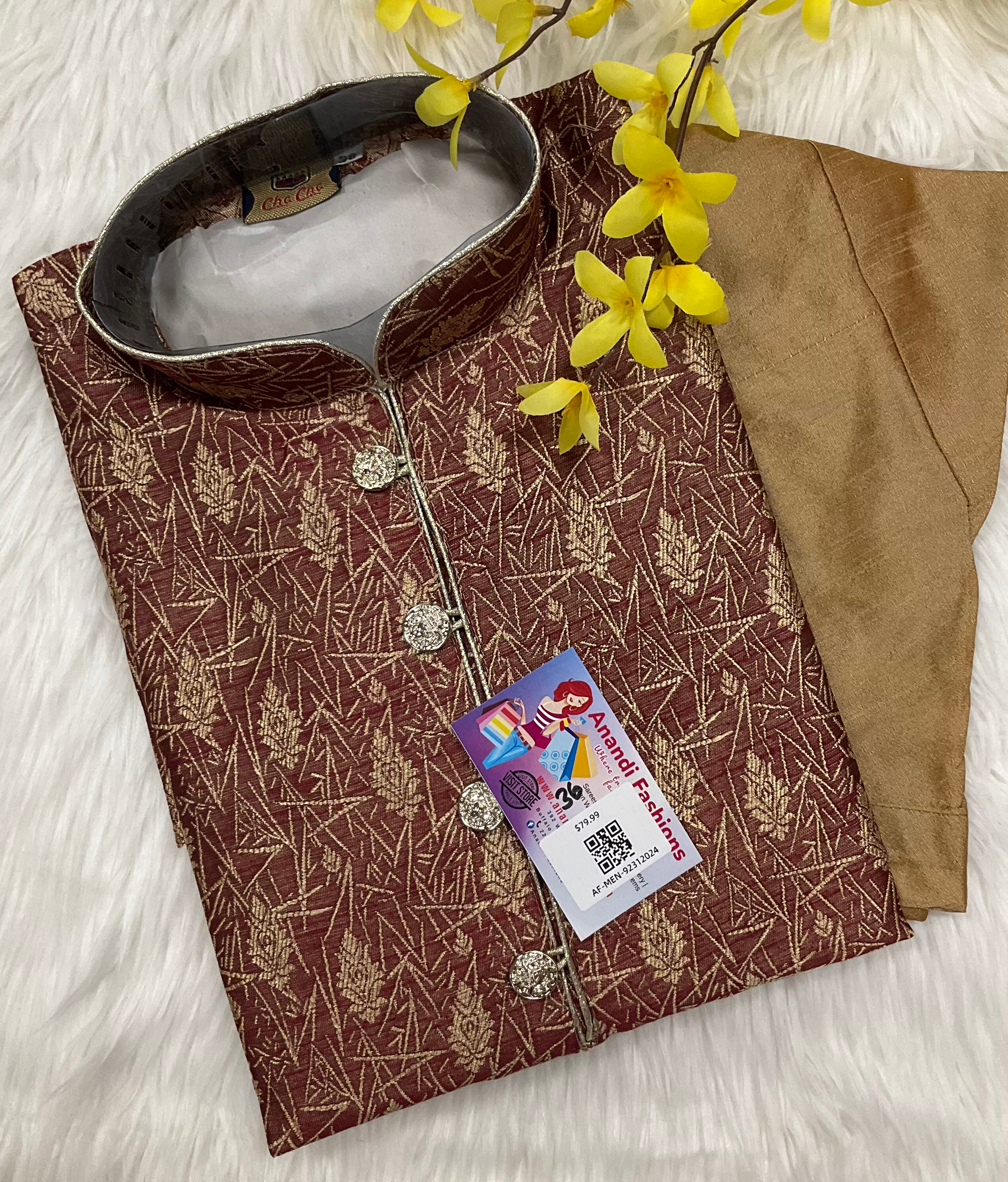 Mens kurta -Maron Kurta with Gold Pajama Size 36 image 0
