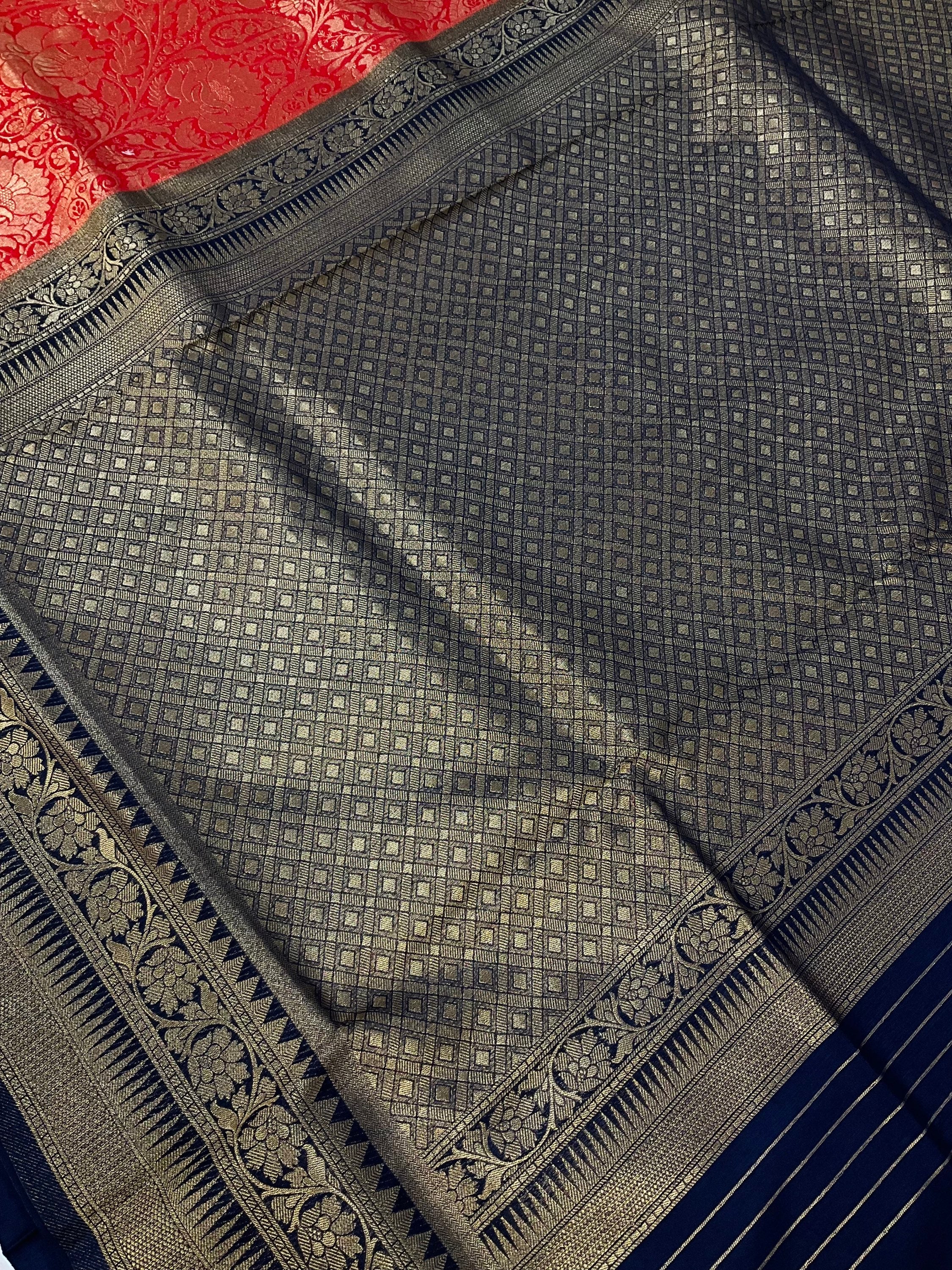 Red soft silk saree with jacquard design and navy blue border and pallu image 8