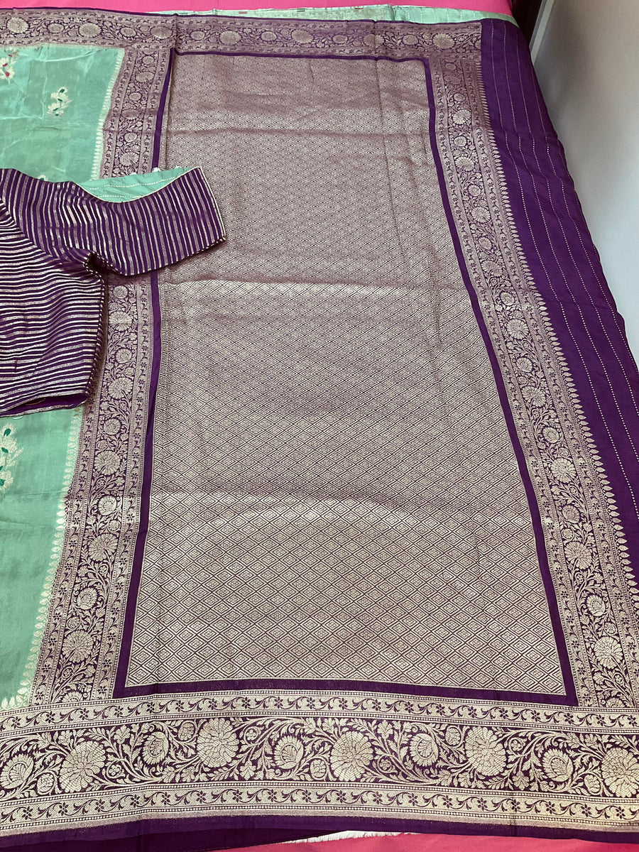 Mint Green Benarasi Silk saree with Stitched Blouse