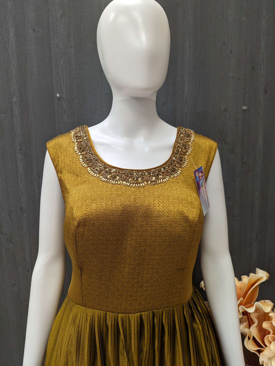 Indian Party Dresses - Olive Green Long Pure silk dress with dupatta image 2