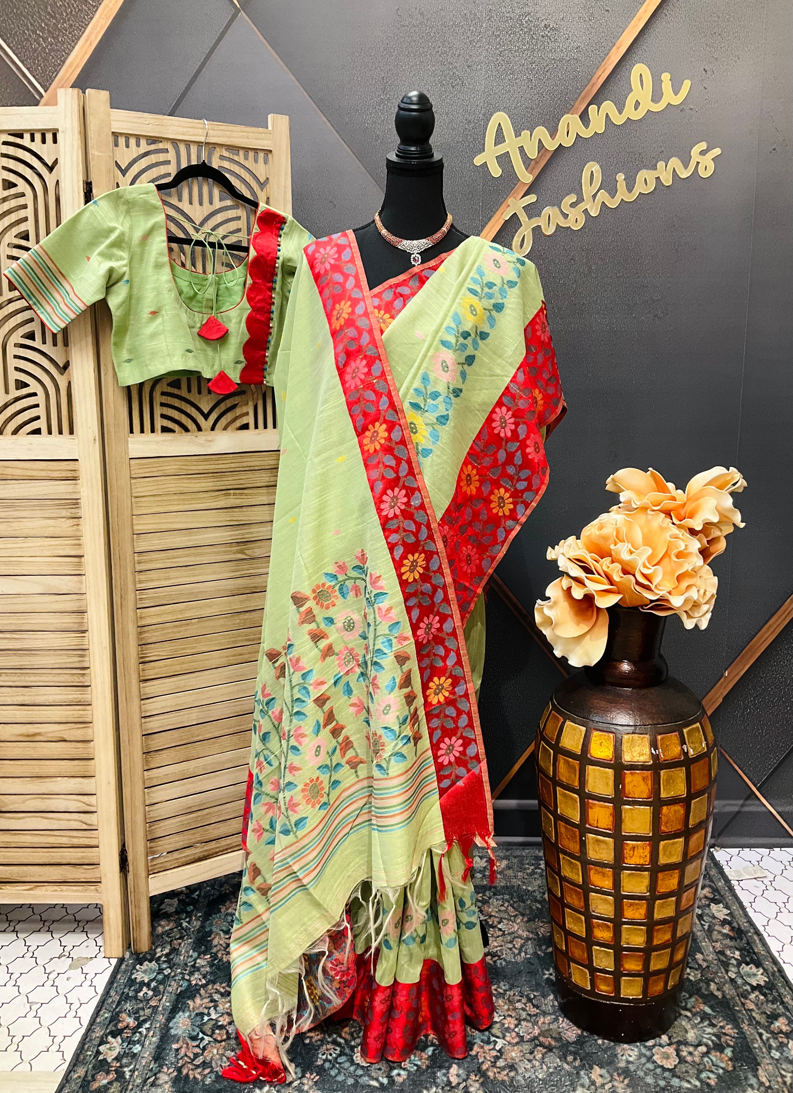 Green Lenin Jamdhani weaving Saree with Stitched blouse - fall pico done