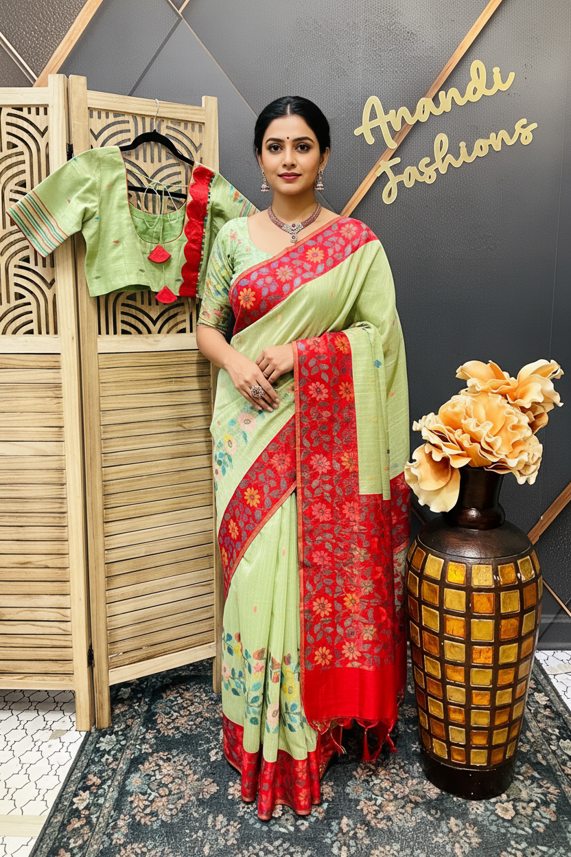 Green Lenin Jamdhani weaving Saree with Stitched blouse - fall pico done