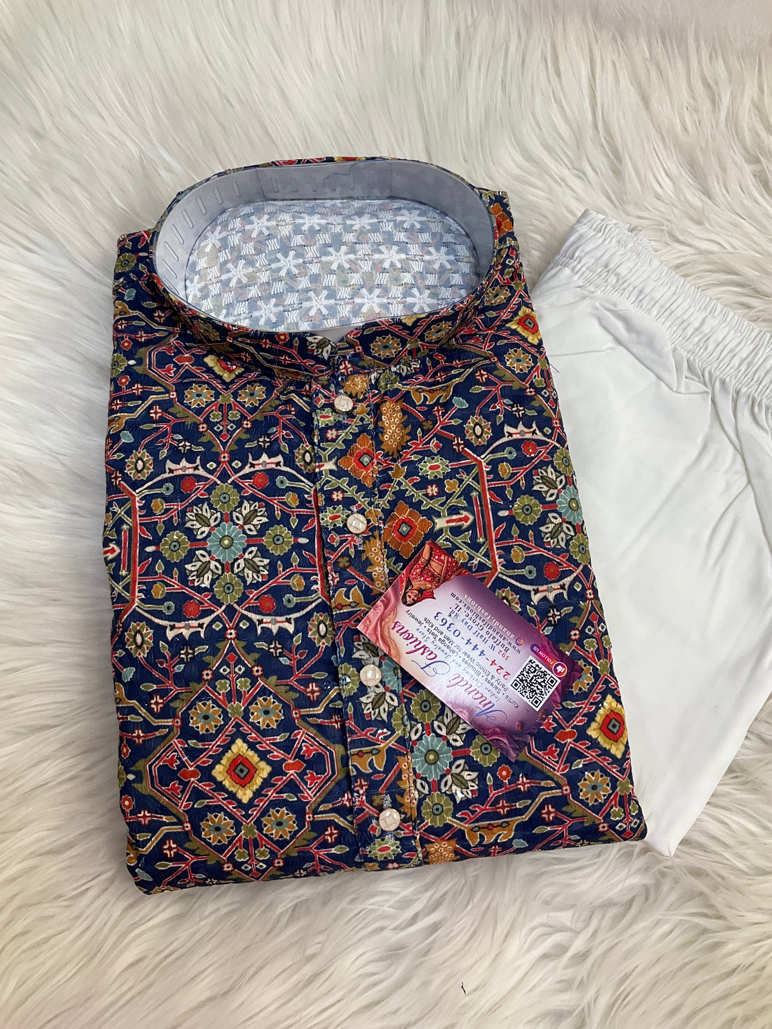 Navy Blue Mens Chikankari kurta set
