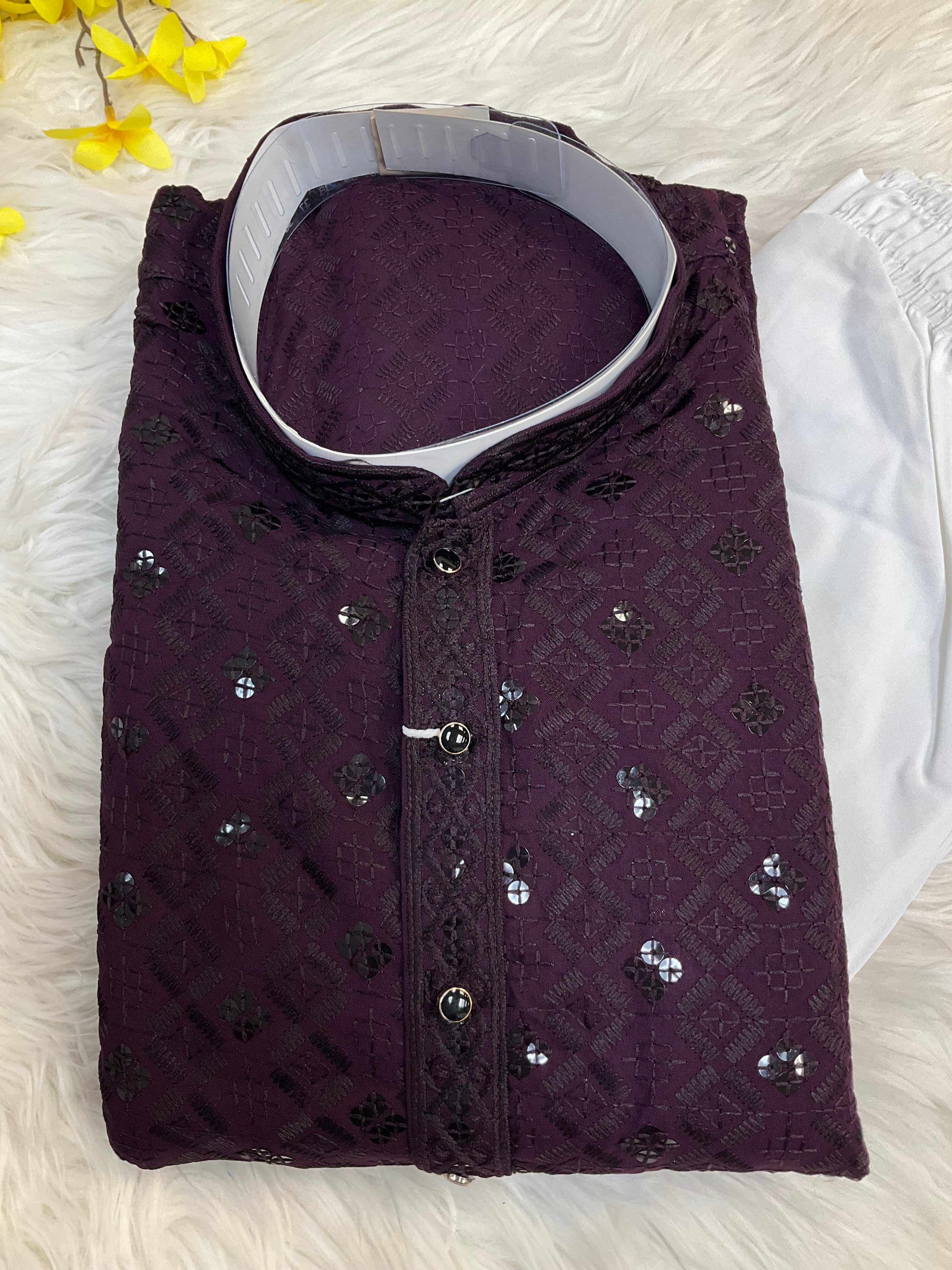 Wine Rayon Chikankari Men’s wear Kurta set
