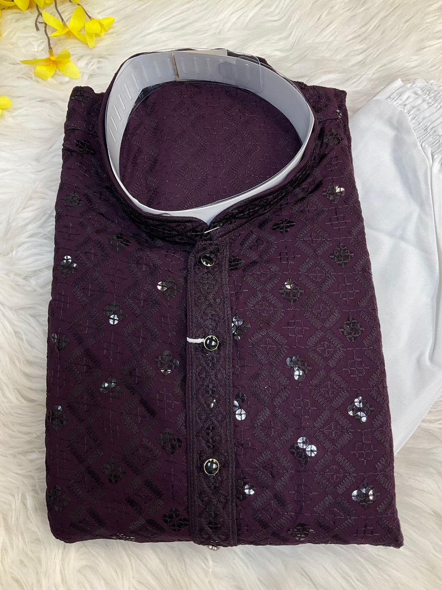 Plus Size Wine color  Rayon Chikankari Men’s wear Kurta set