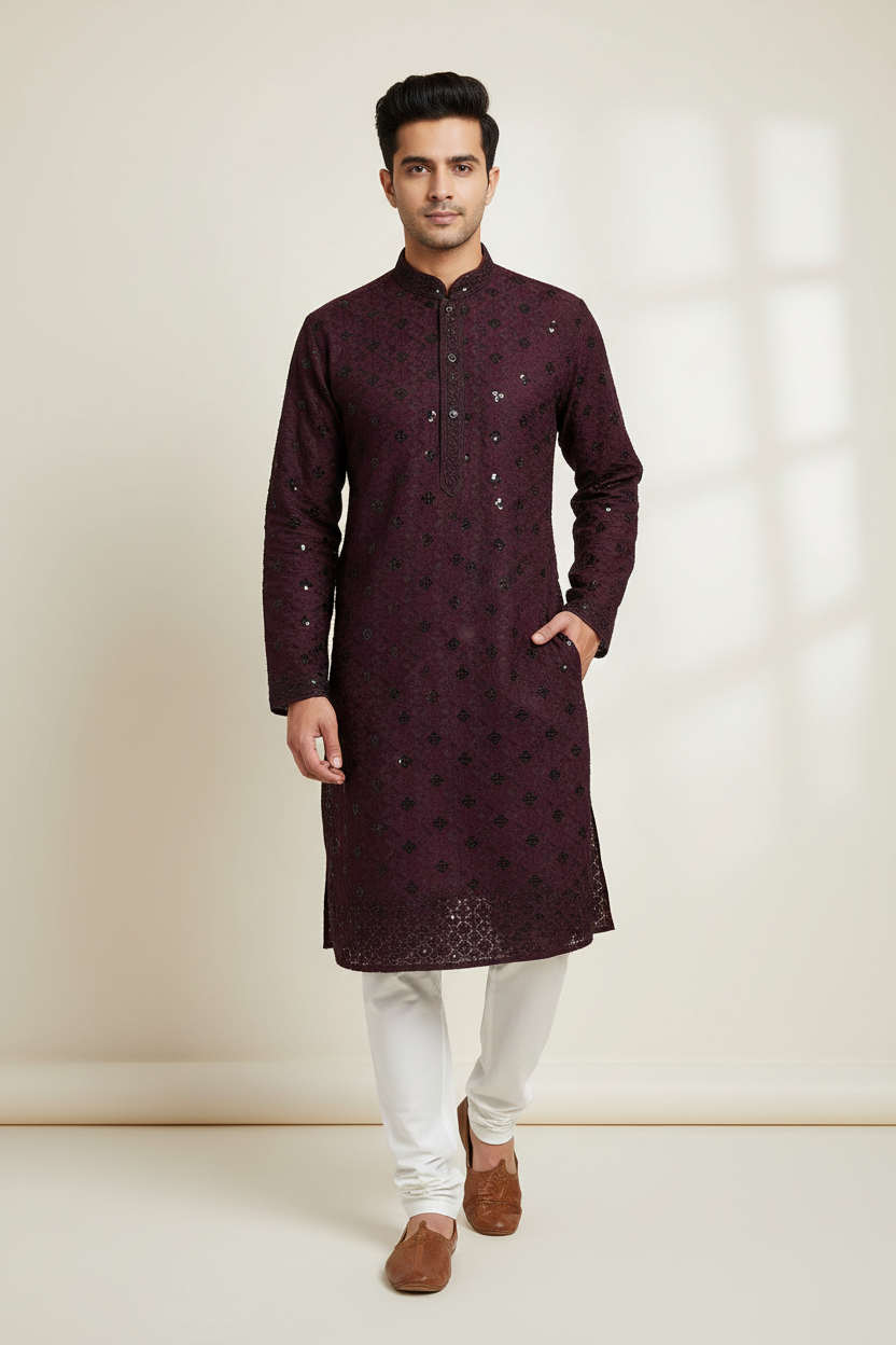 Wine Rayon Chikankari Men’s wear Kurta set