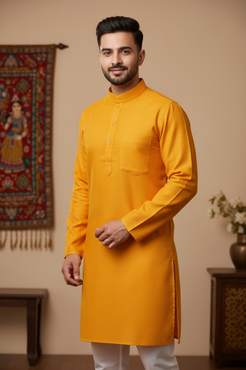 Mens Kurta Pajama Set - Dark Yellow Kurta