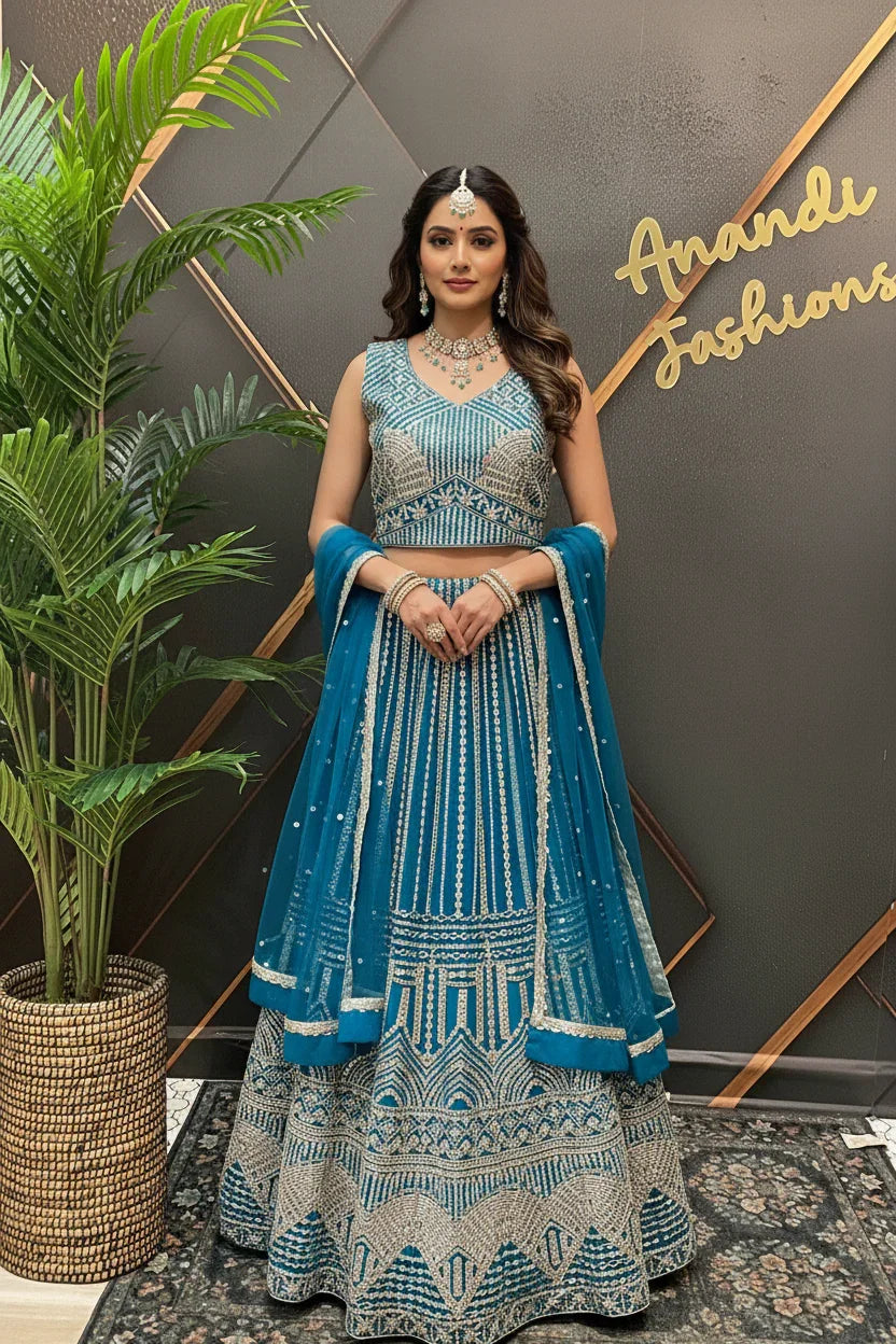 Woman in blue and silver embroidered lehenga with matching dupatta and traditional jewelry at Anandi Fashions