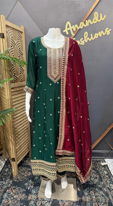 Green Anarkali Kurti Set Size 42/44 - Vichitra Silk Party Wear