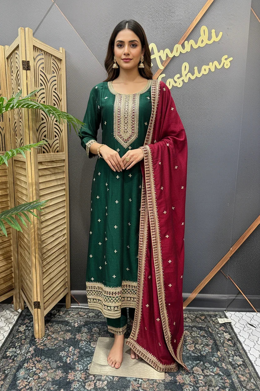 Green Anarkali Kurti Set Size 42/44 - Vichitra Silk Party Wear