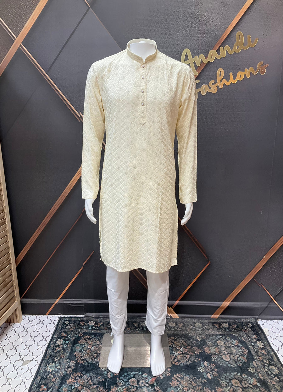 Half White Rayon Chikankari Men’s wear Kurta set